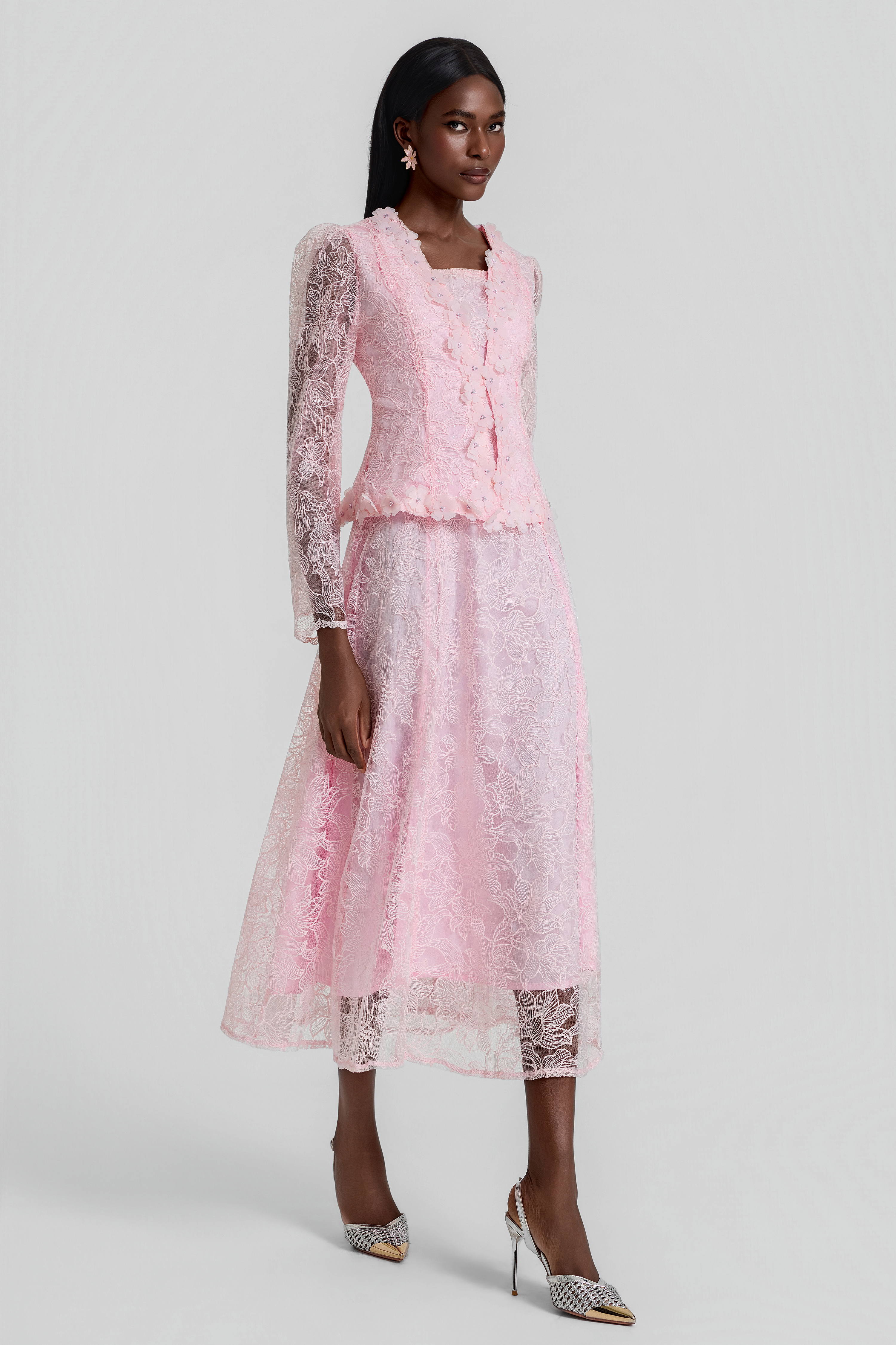 Lace 3D Flower Jacket & Sleeveless Midi Dress Set