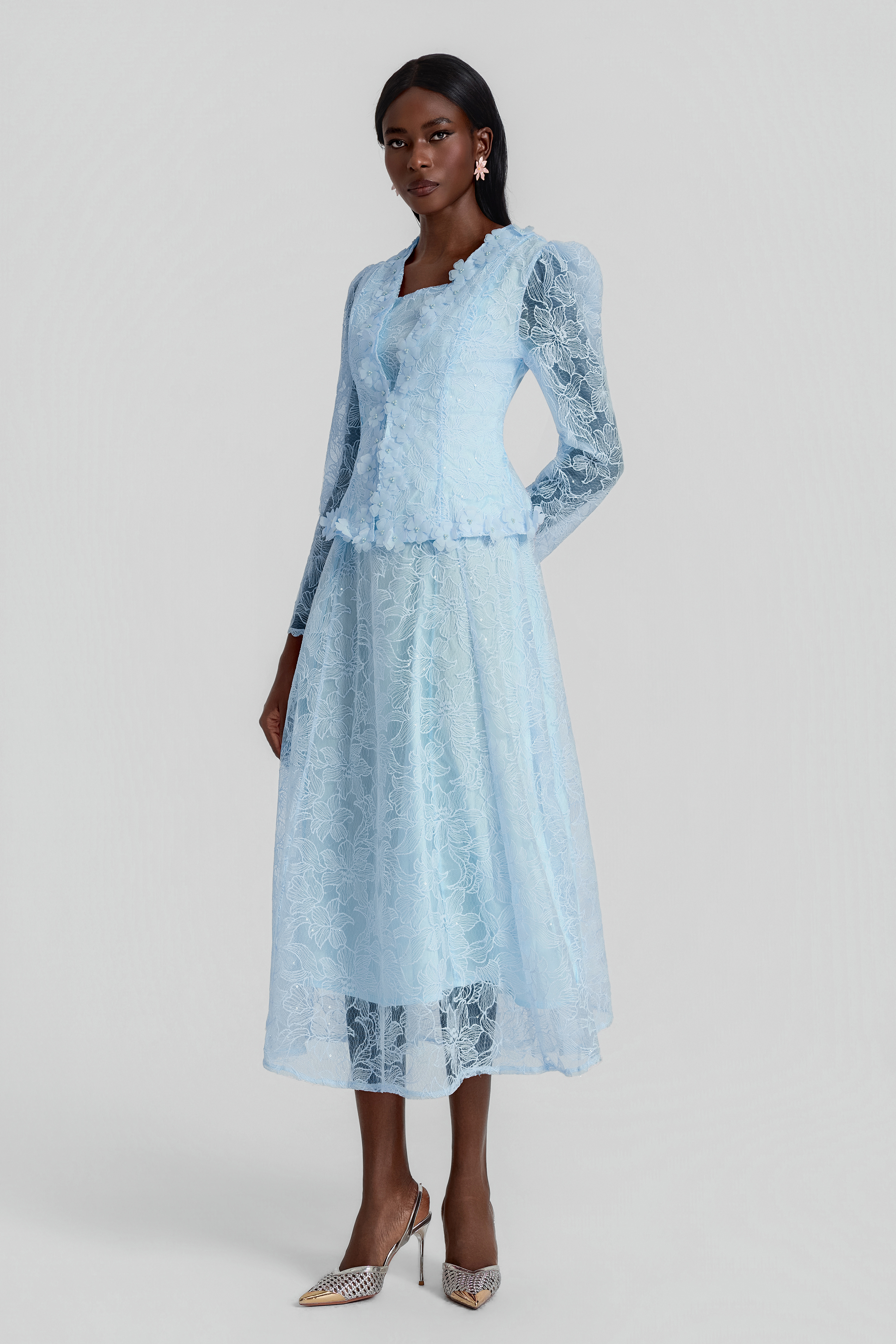 Lace 3D Flower Jacket & Sleeveless Midi Dress Set