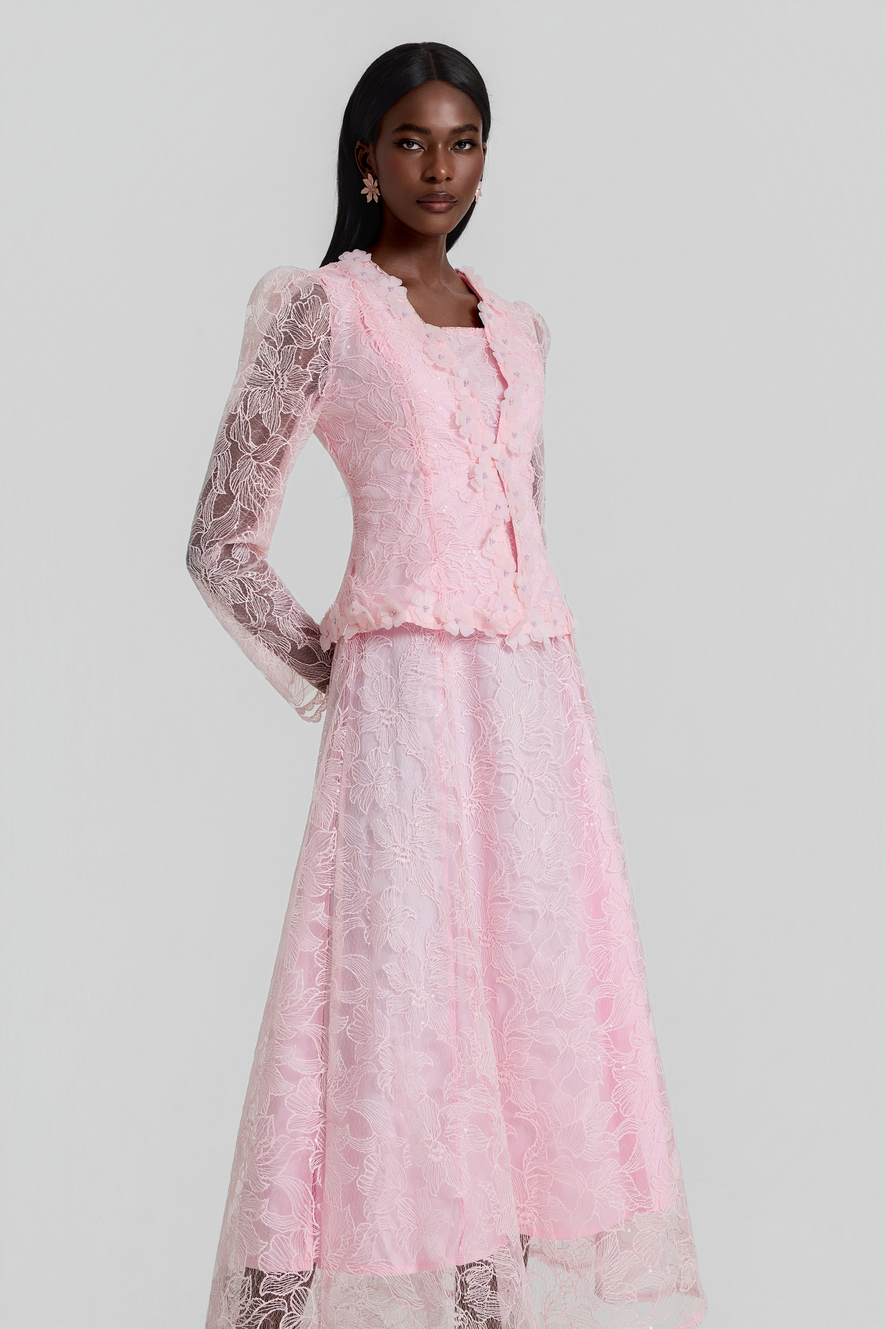 Lace 3D Flower Jacket & Sleeveless Midi Dress Set