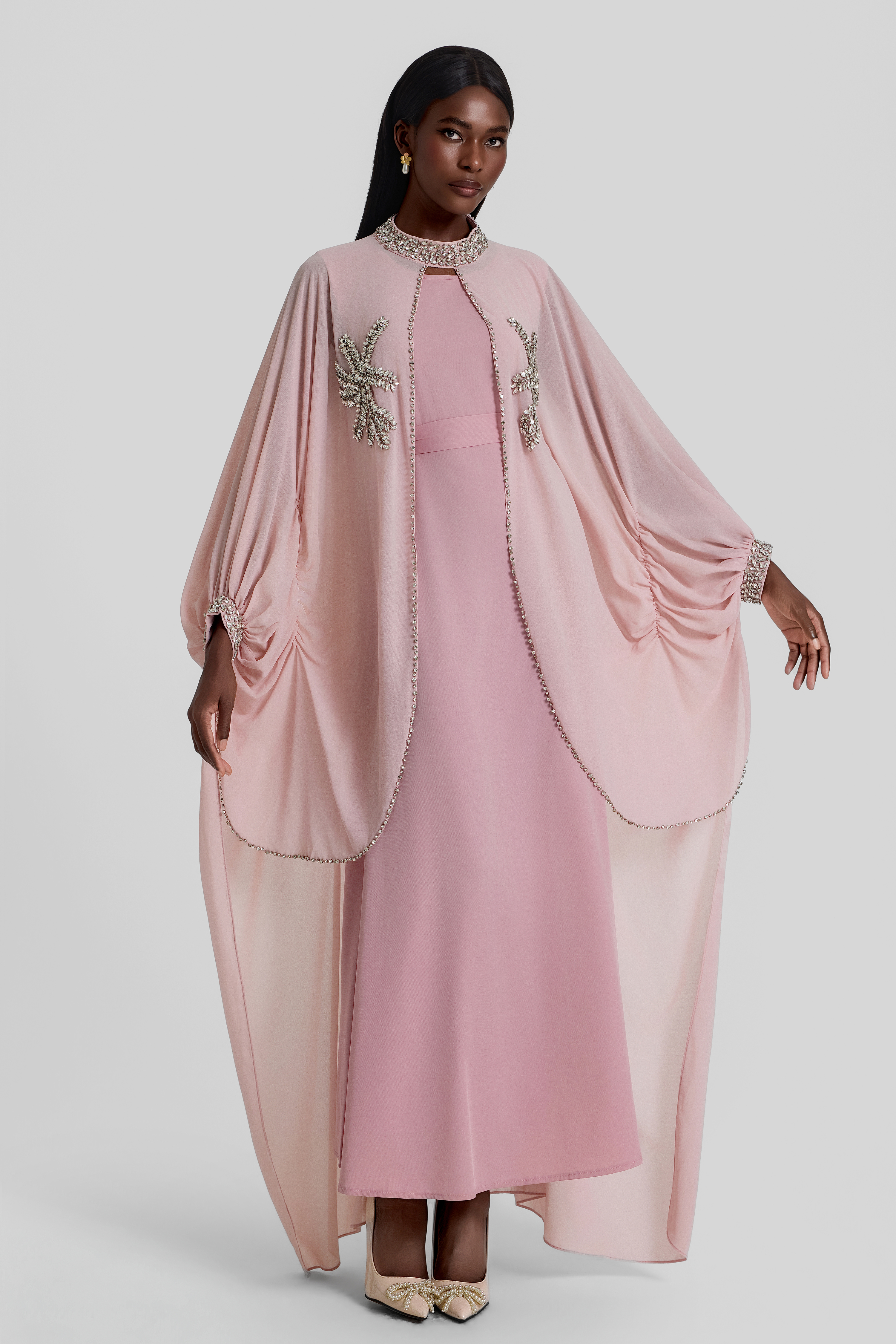 Rhinestone Rivets Batwing Sleeve Maxi Dress With Cape