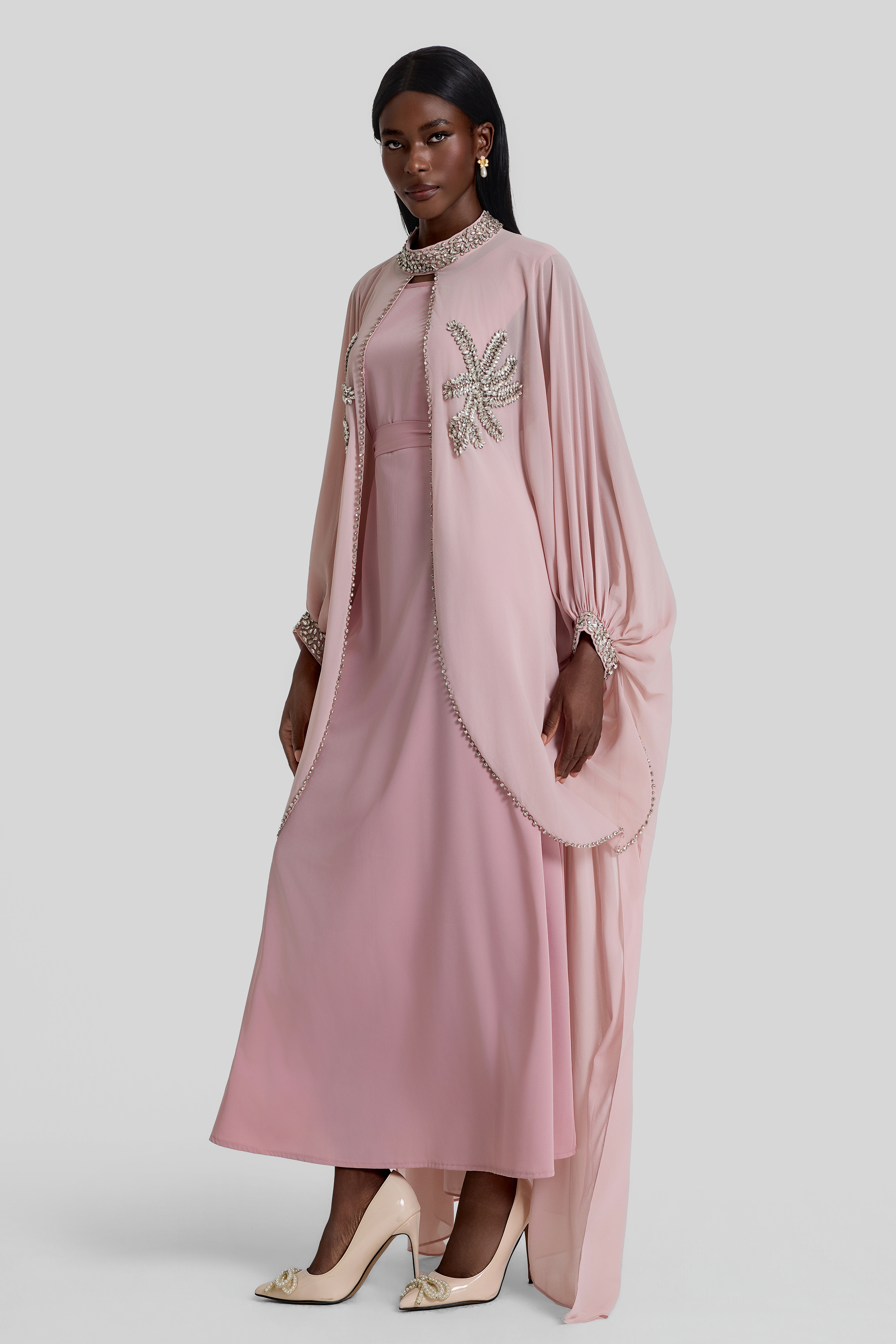 Rhinestone Rivets Batwing Sleeve Maxi Dress With Cape
