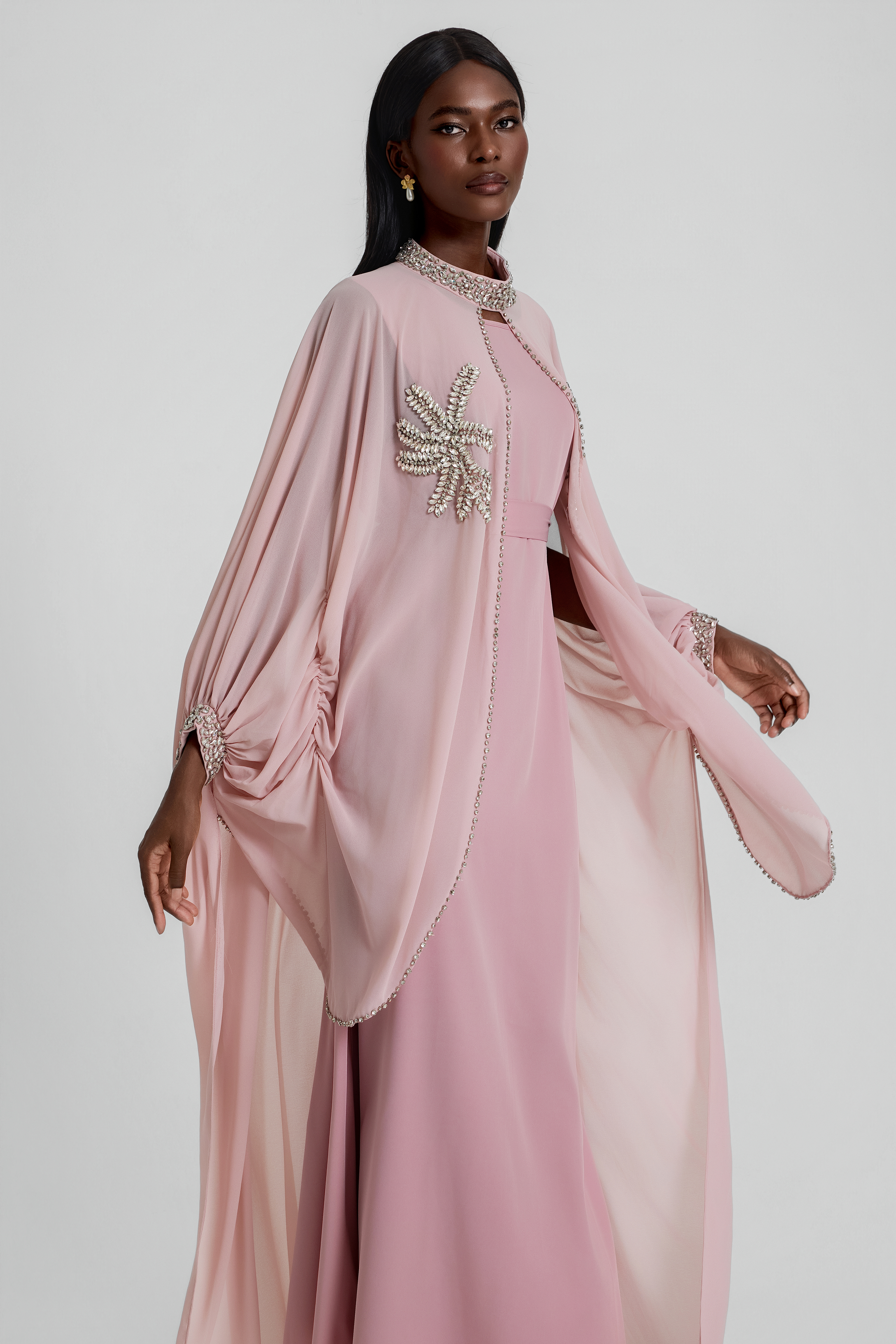Rhinestone Rivets Batwing Sleeve Maxi Dress With Cape