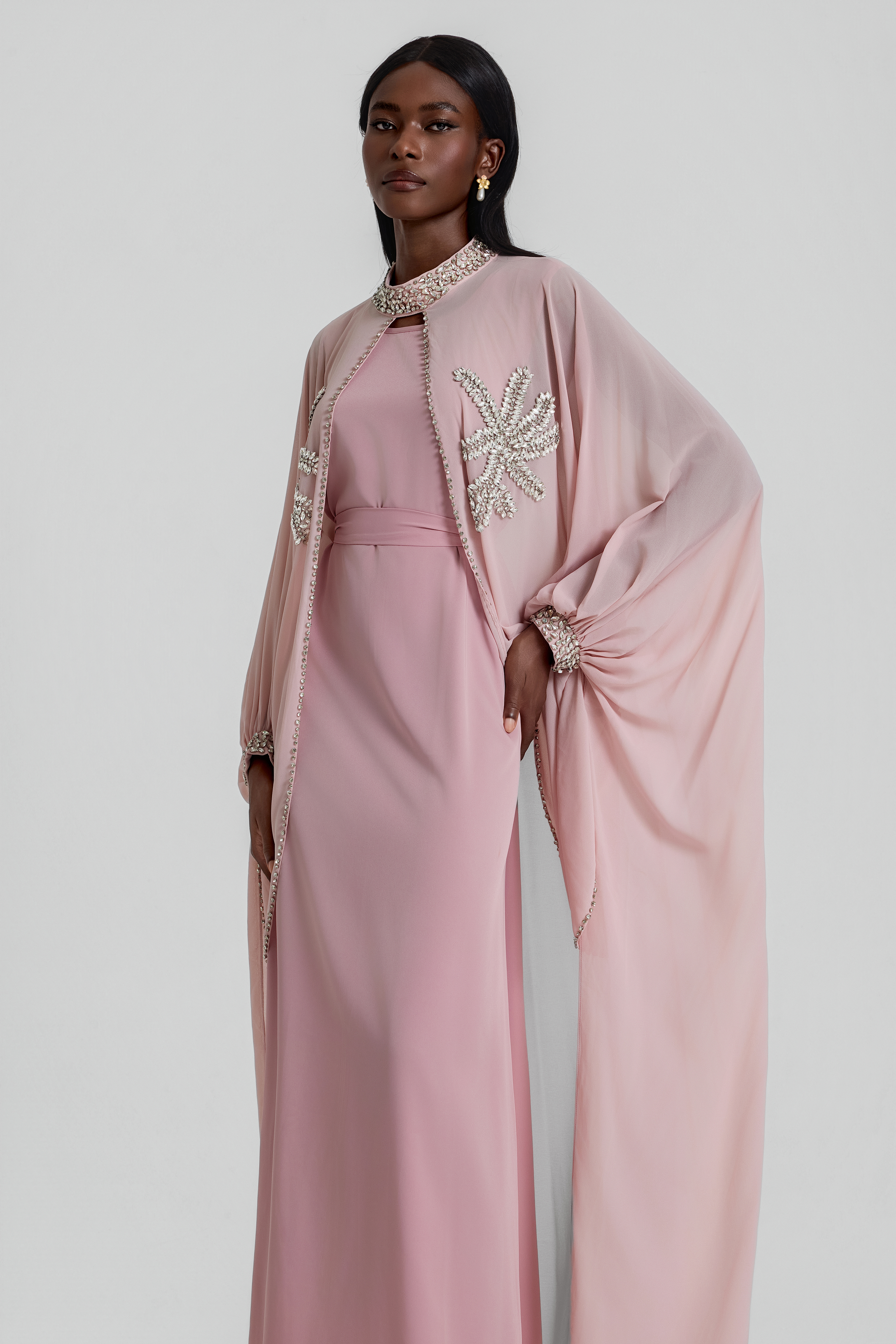 Rhinestone Rivets Batwing Sleeve Maxi Dress With Cape