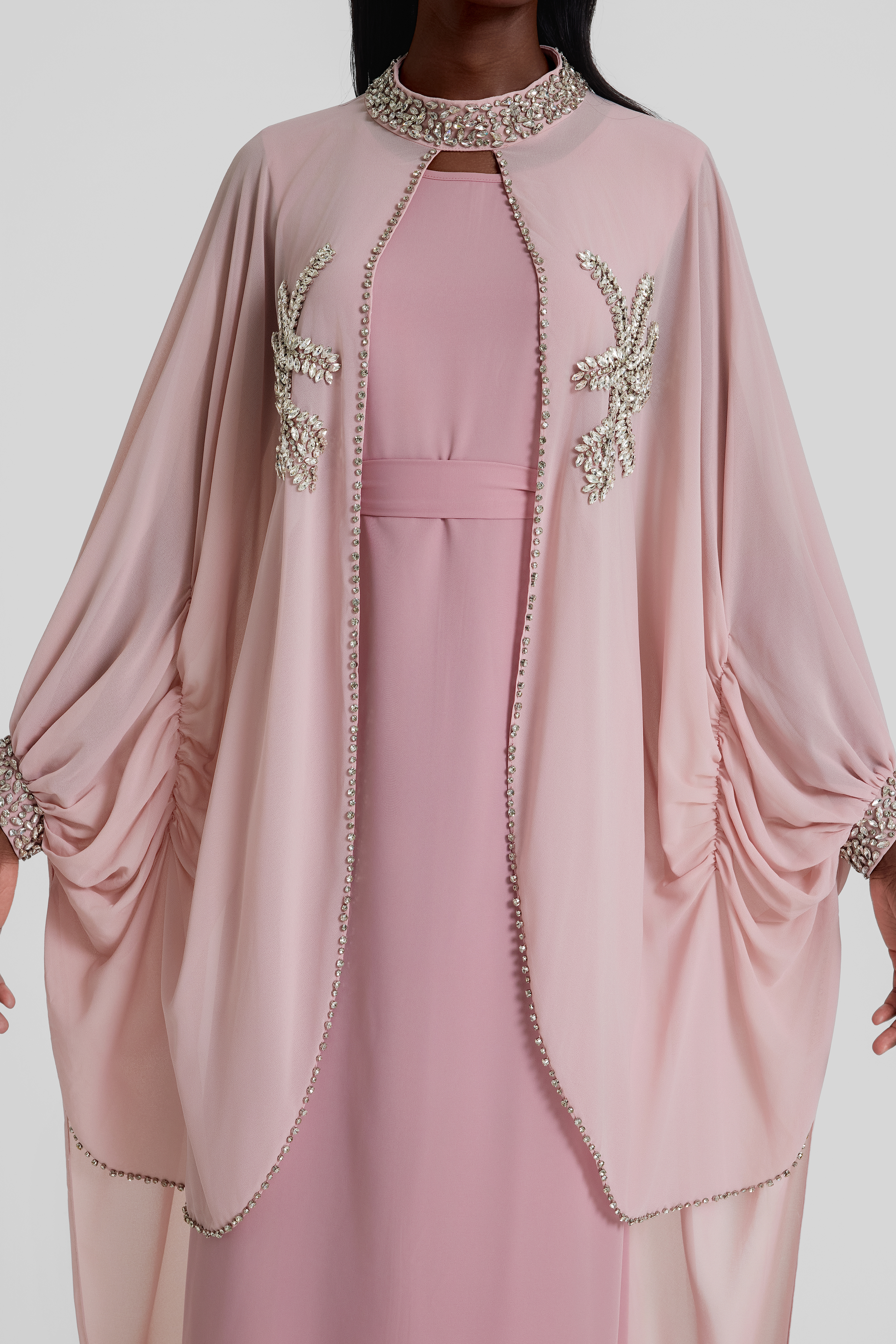 Rhinestone Rivets Batwing Sleeve Maxi Dress With Cape
