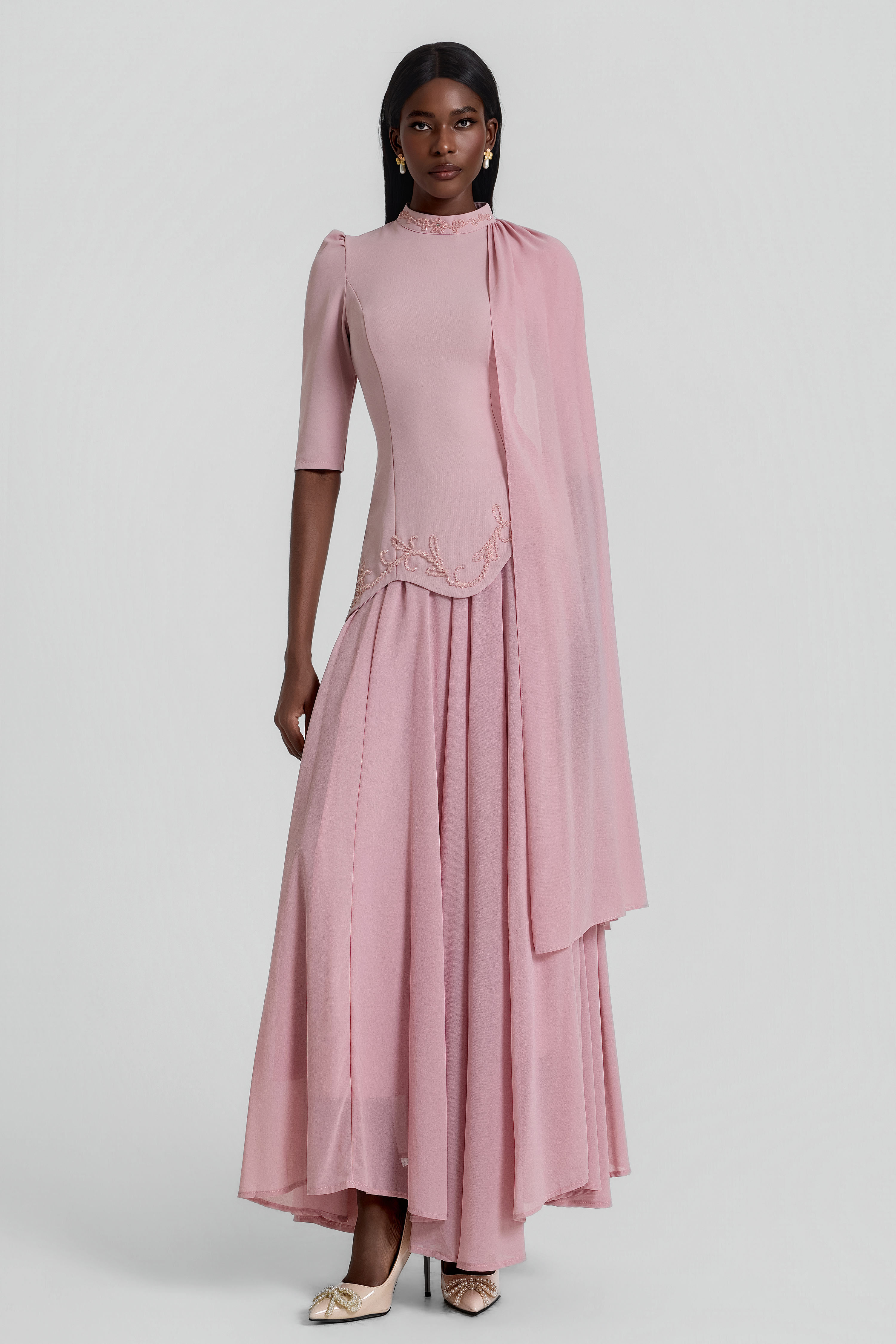 Beaded Cape Top & Mid Waist Maxi Skirt Set