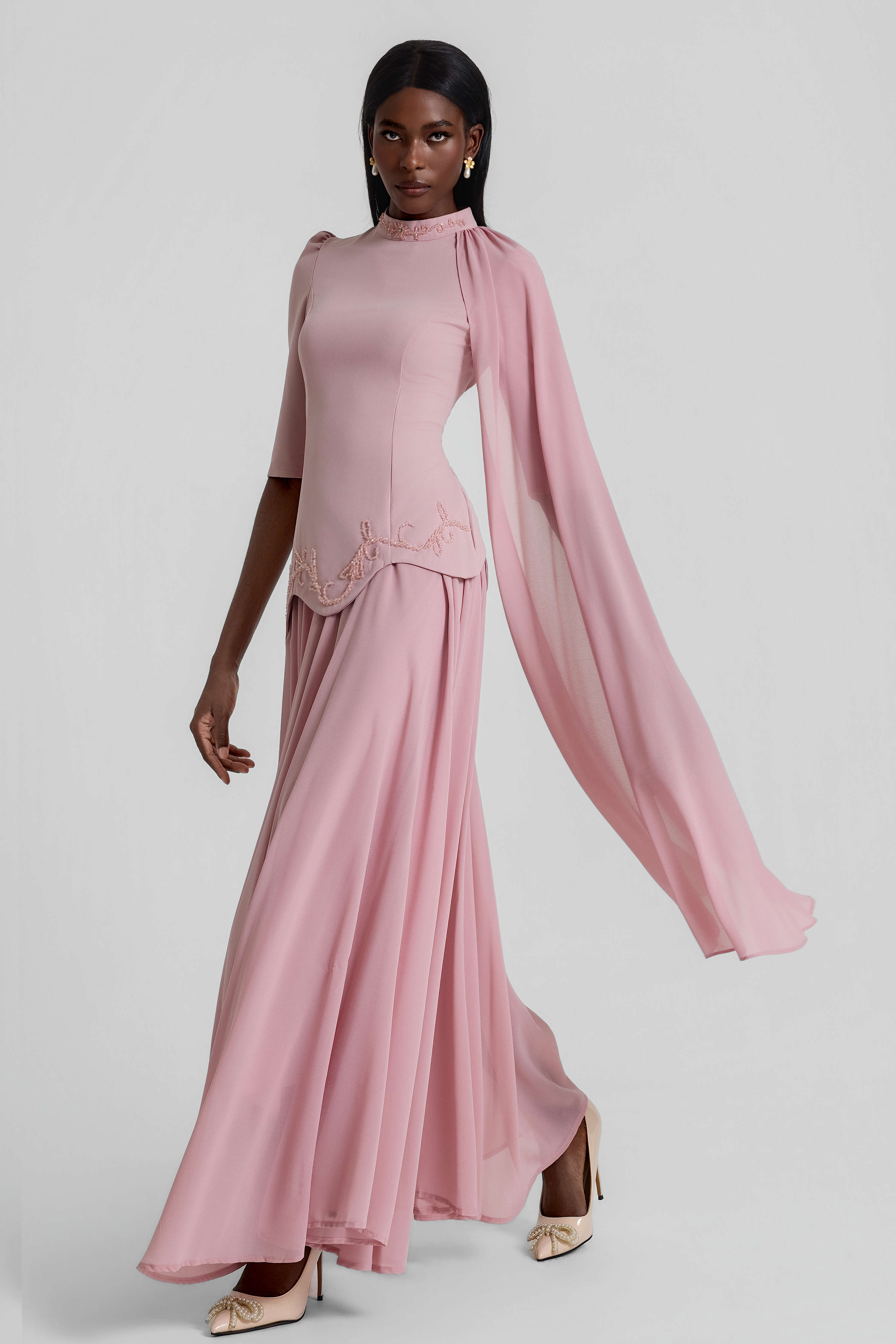 Beaded Cape Top & Mid Waist Maxi Skirt Set