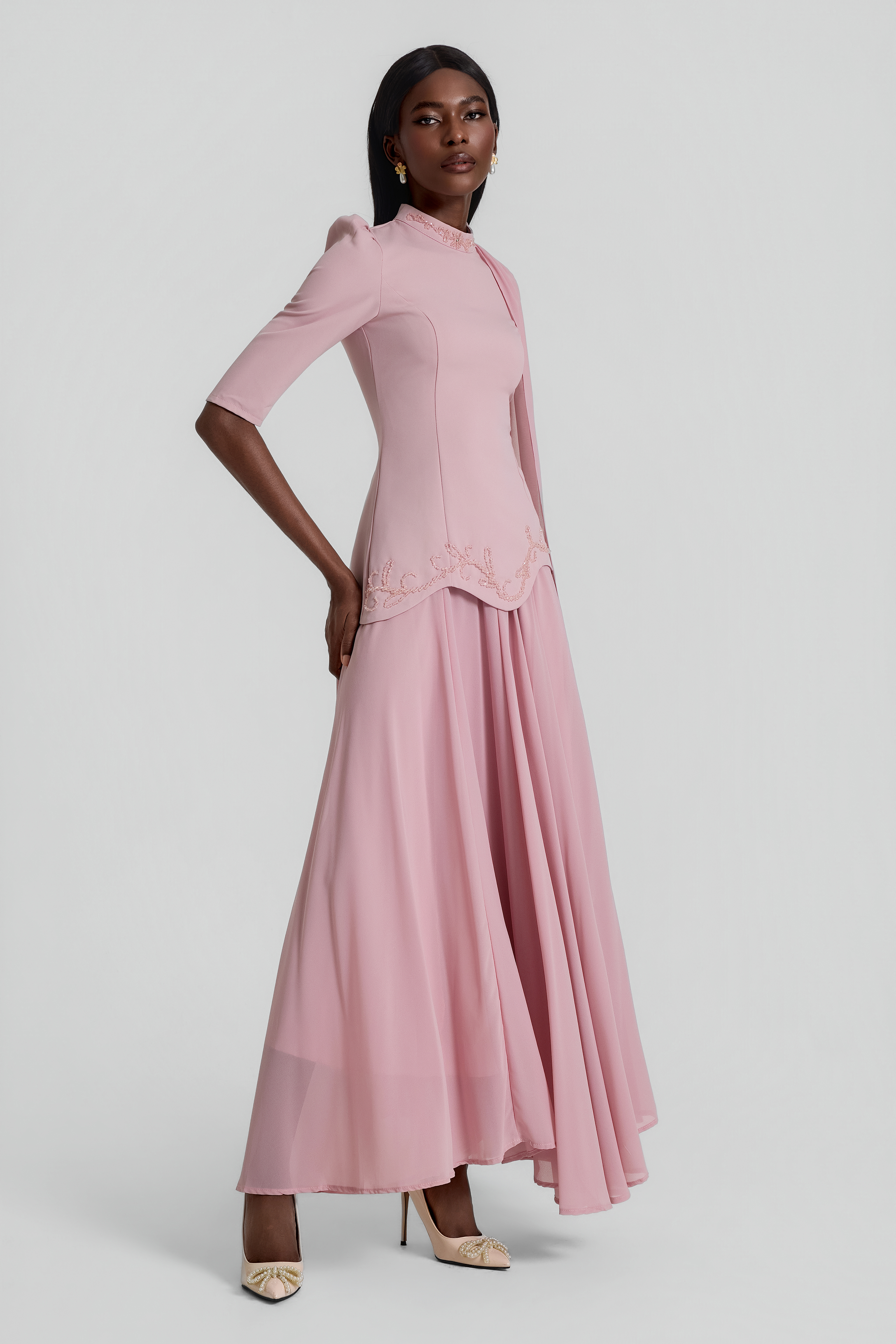 Beaded Cape Top & Mid Waist Maxi Skirt Set