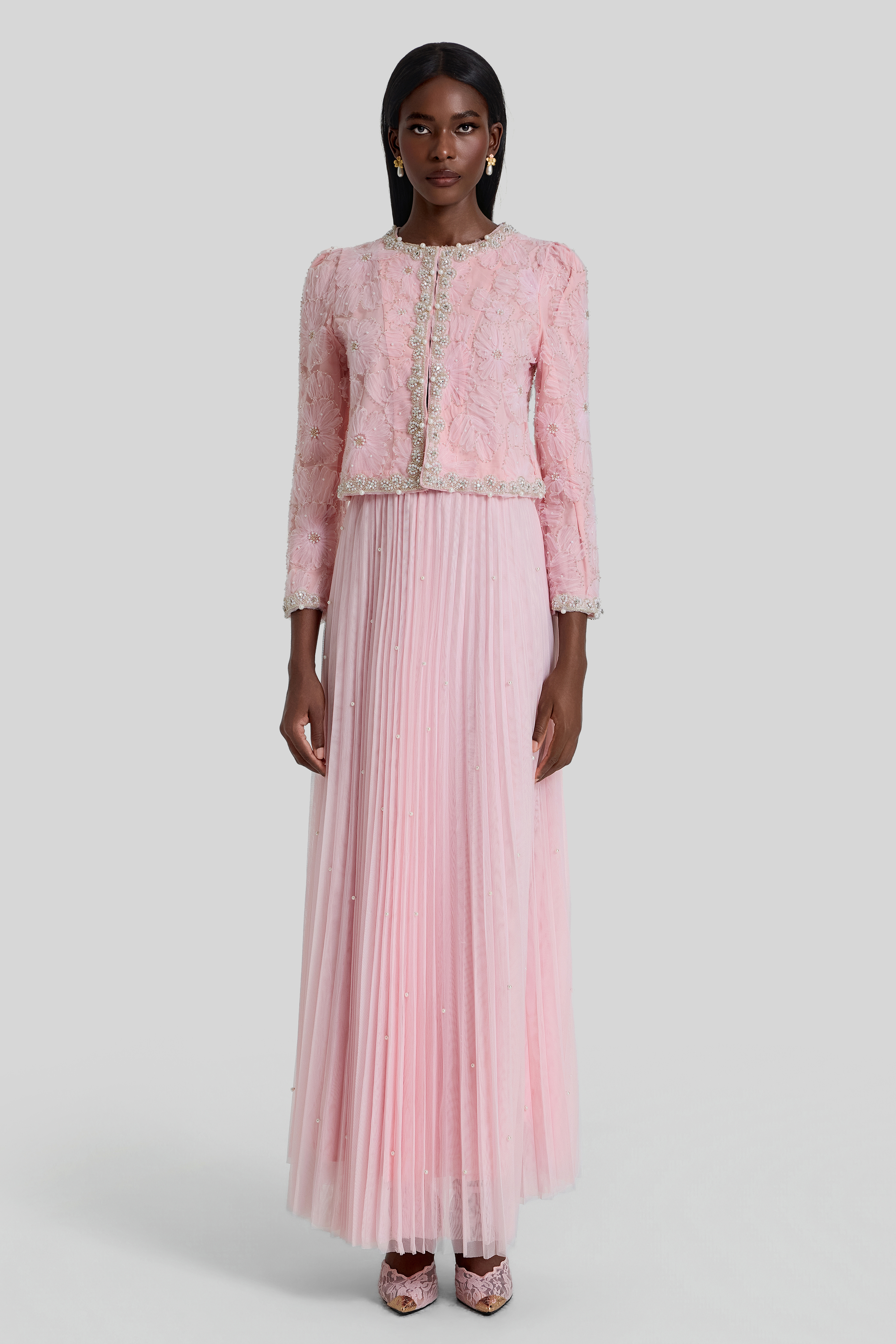 Nail Bead Embroidery Top & Mid Waist Maxi Skirt Set
