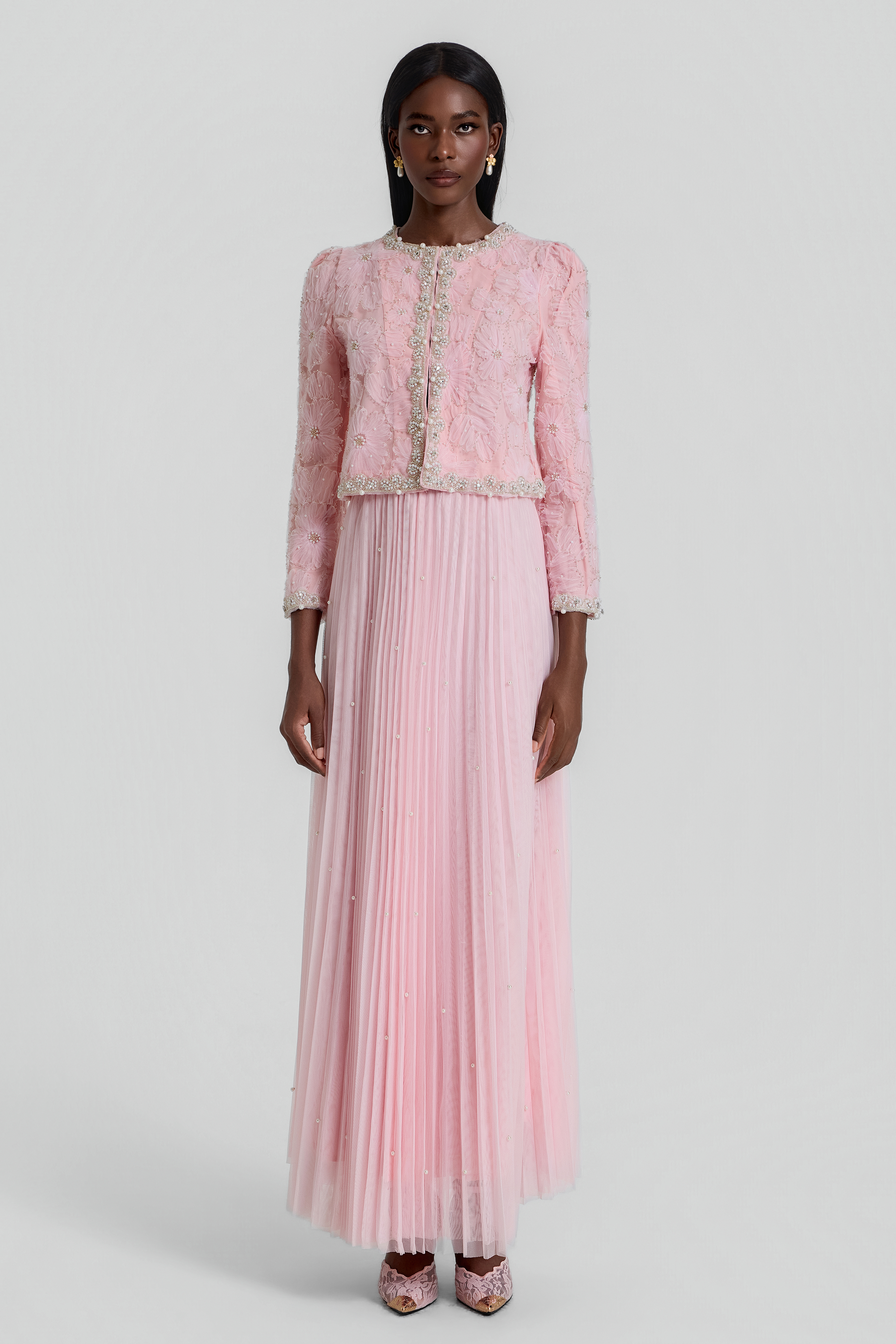 Nail Bead Embroidery Top & Mid Waist Maxi Skirt Set