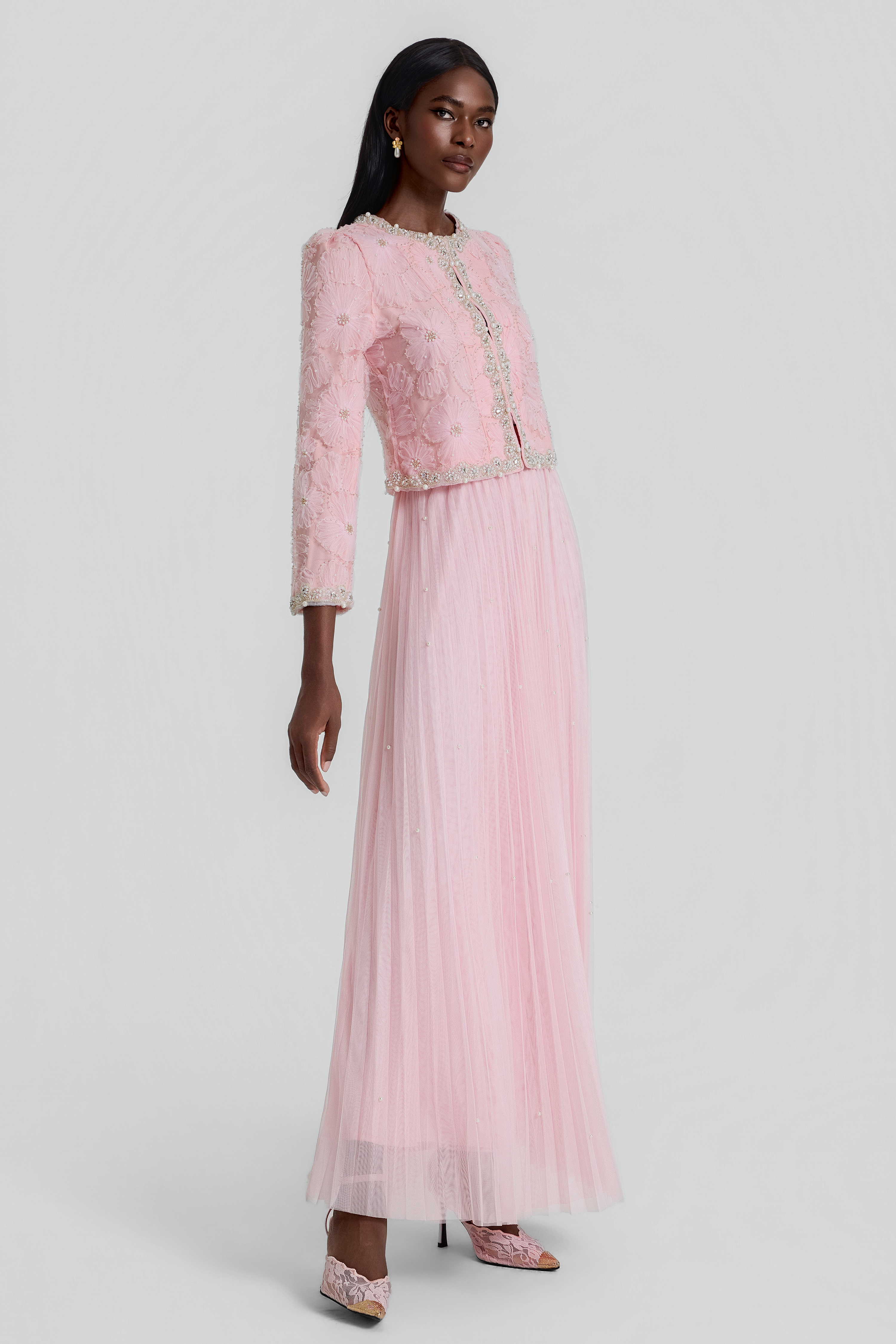 Nail Bead Embroidery Top & Mid Waist Maxi Skirt Set