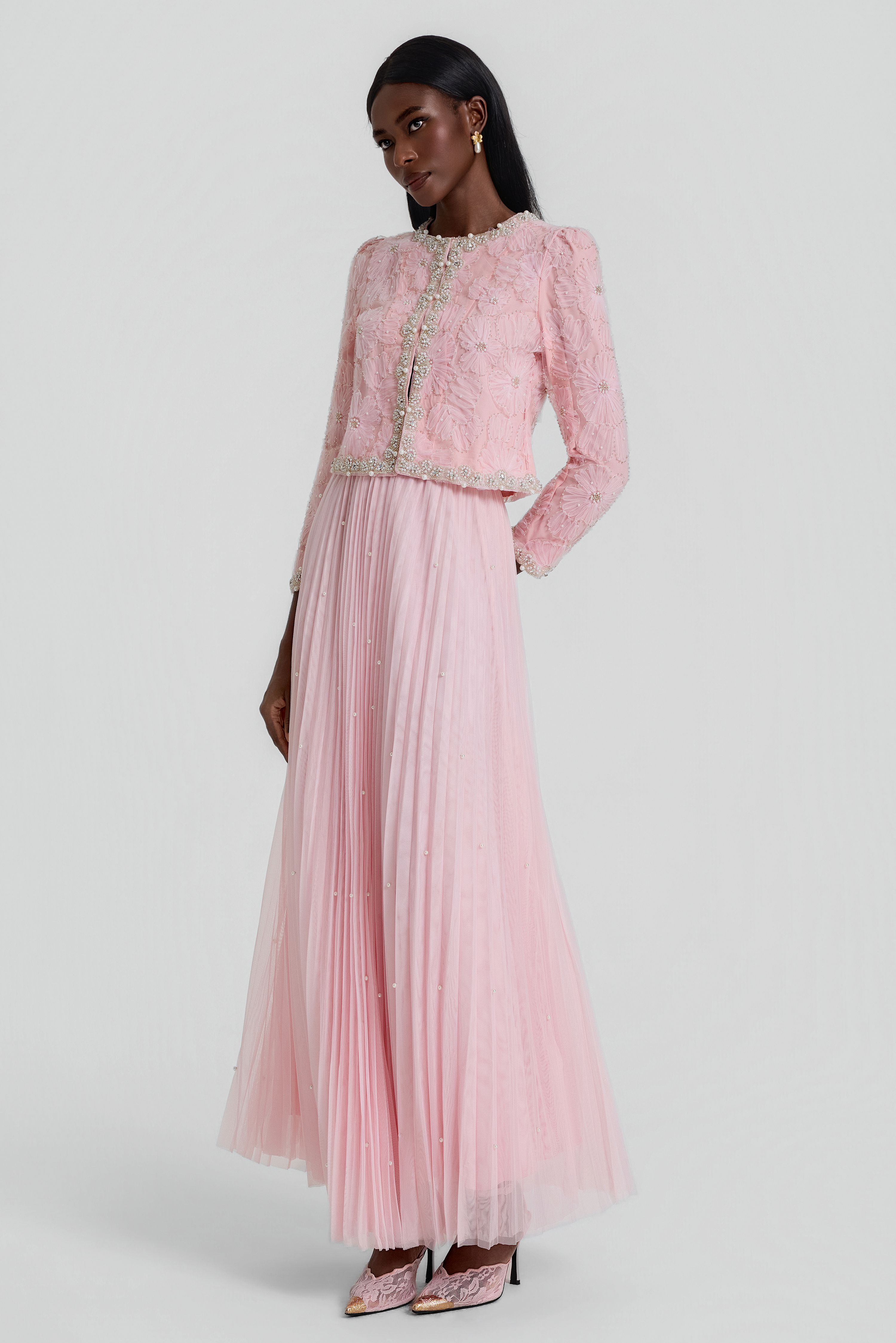Nail Bead Embroidery Top & Mid Waist Maxi Skirt Set