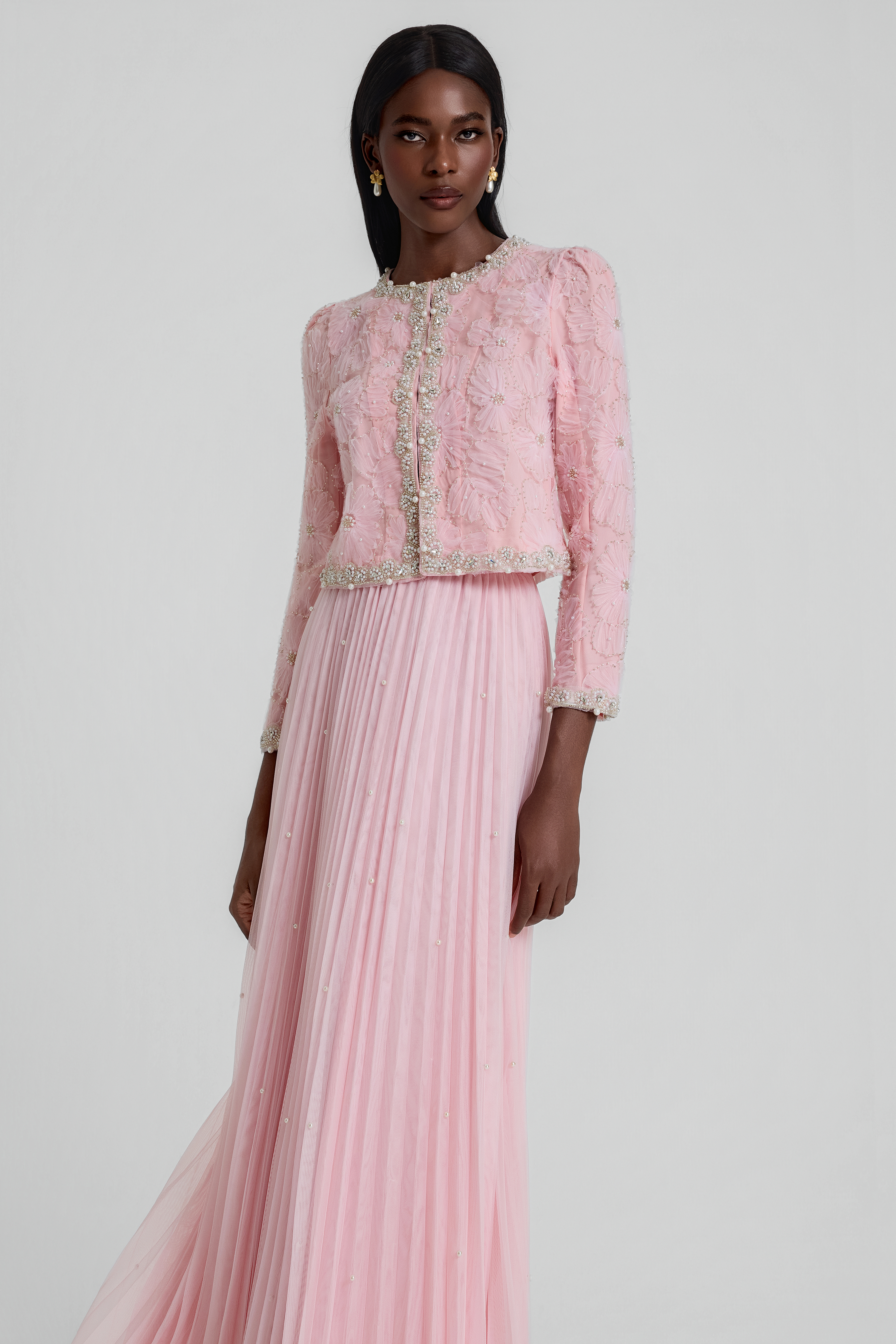 Nail Bead Embroidery Top & Mid Waist Maxi Skirt Set