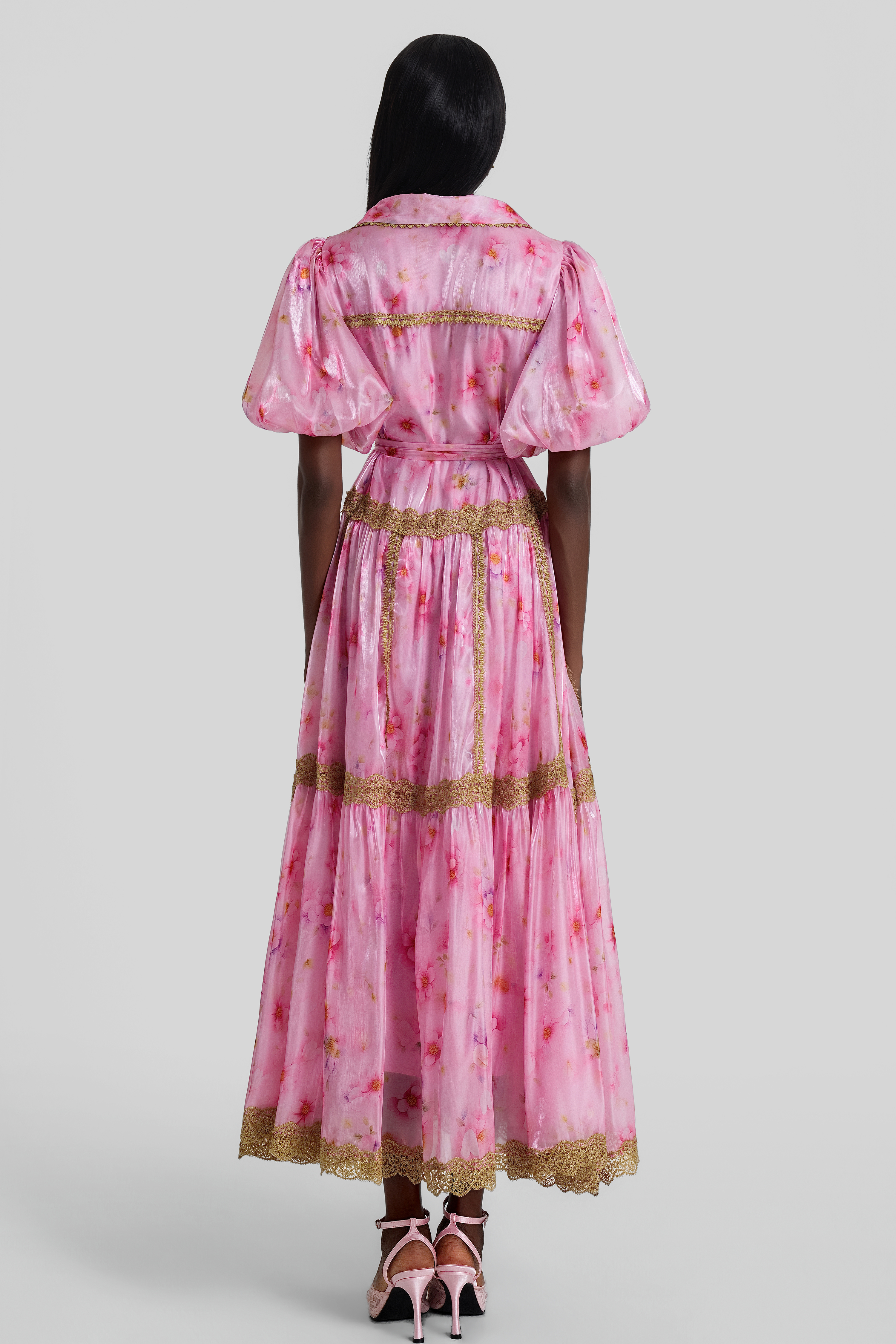 Floral Puff Sleeve Lace Trim Midi Dress With Belt