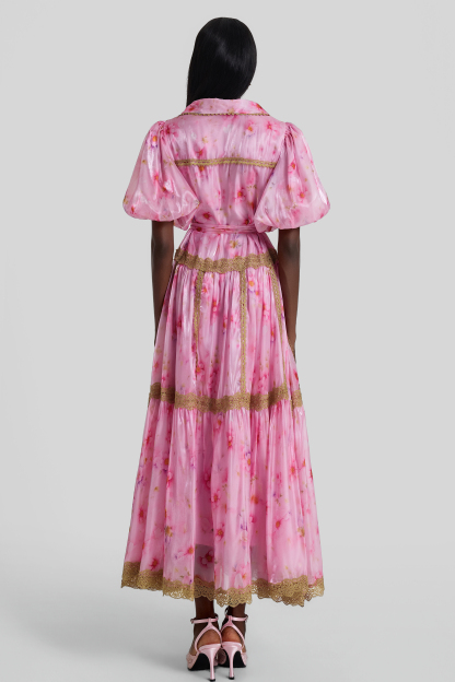 Floral Puff Sleeve Lace Trim Midi Dress With Belt