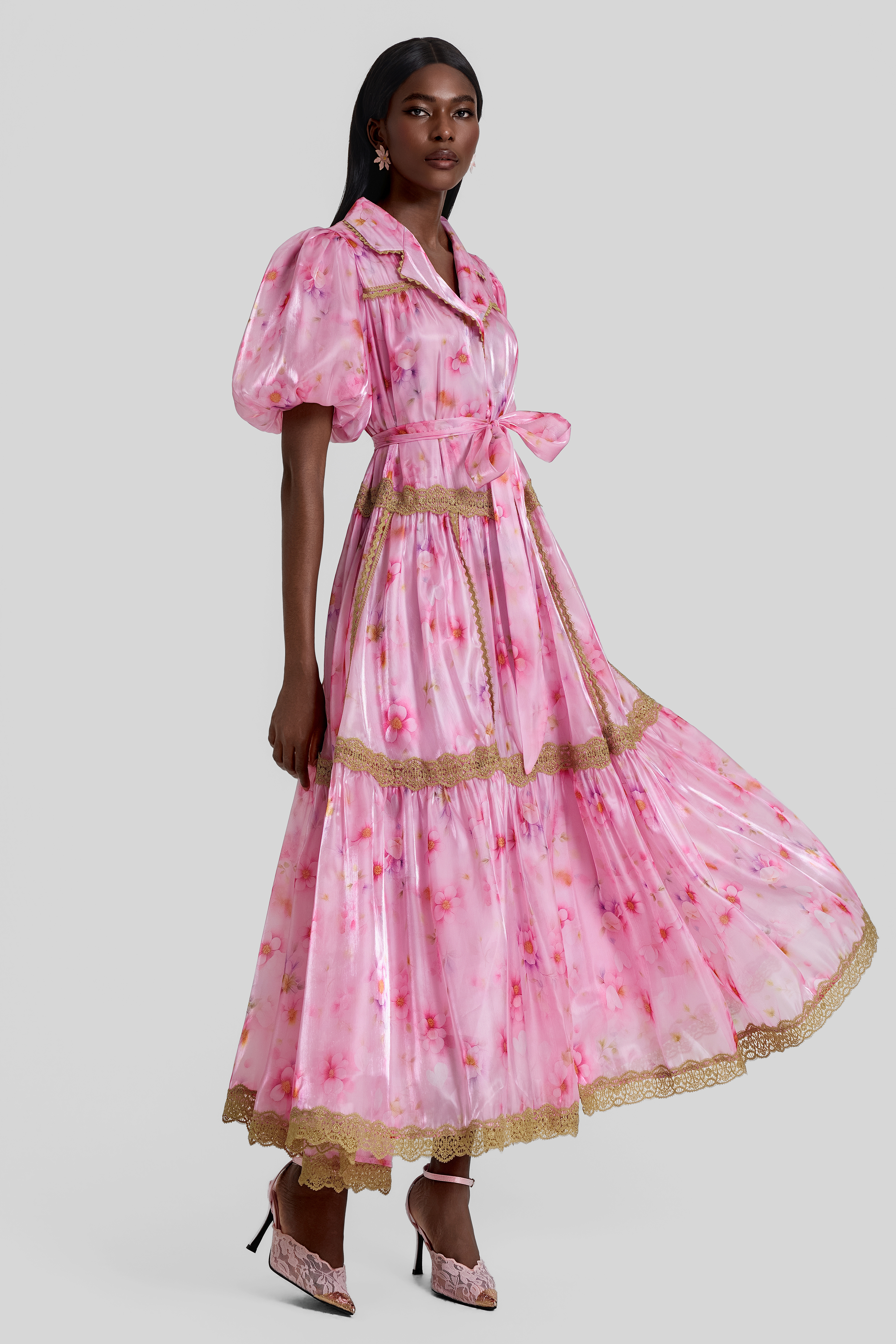 Floral Puff Sleeve Lace Trim Midi Dress With Belt