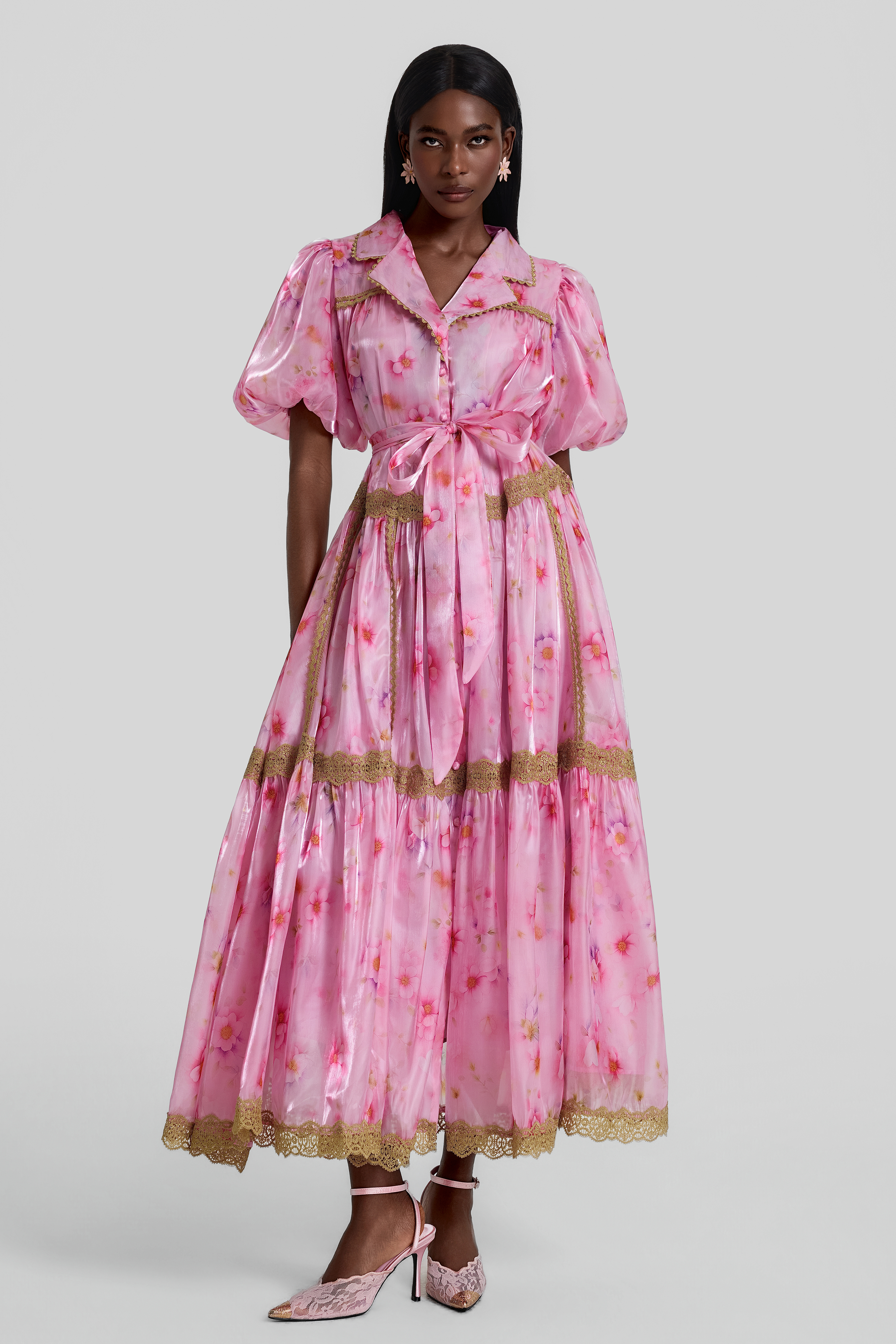 Floral Puff Sleeve Lace Trim Midi Dress With Belt