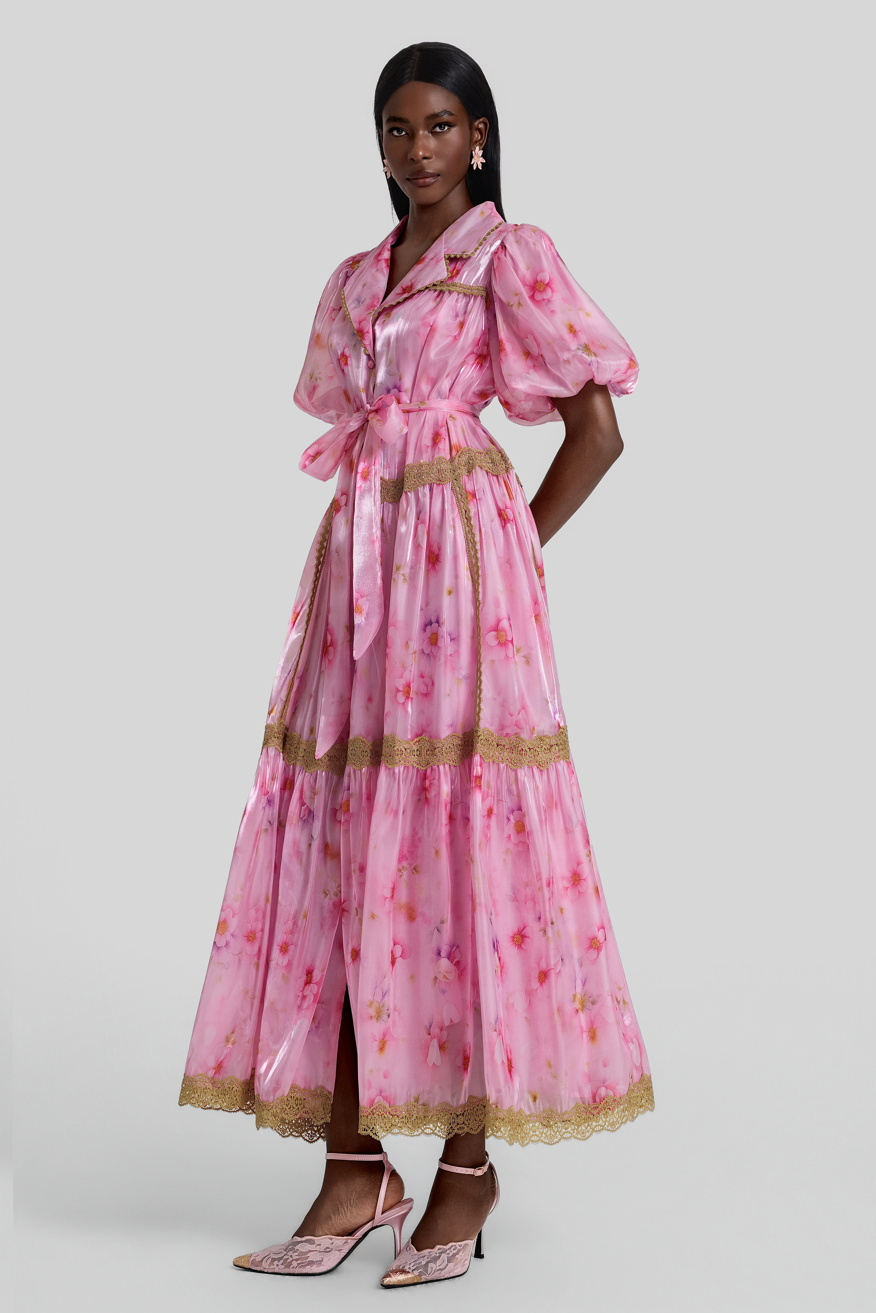 Floral Puff Sleeve Lace Trim Midi Dress With Belt
