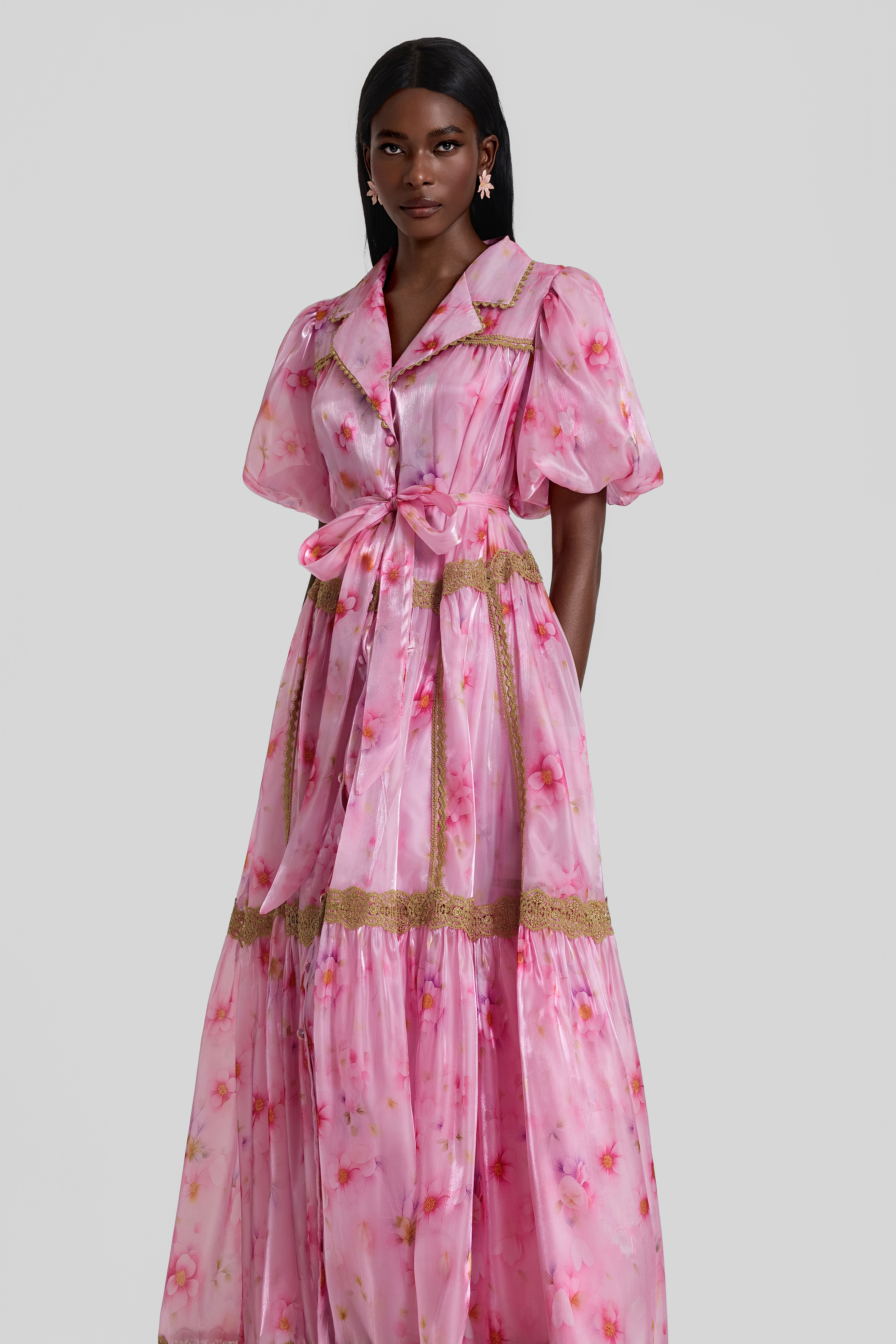 Floral Puff Sleeve Lace Trim Midi Dress With Belt