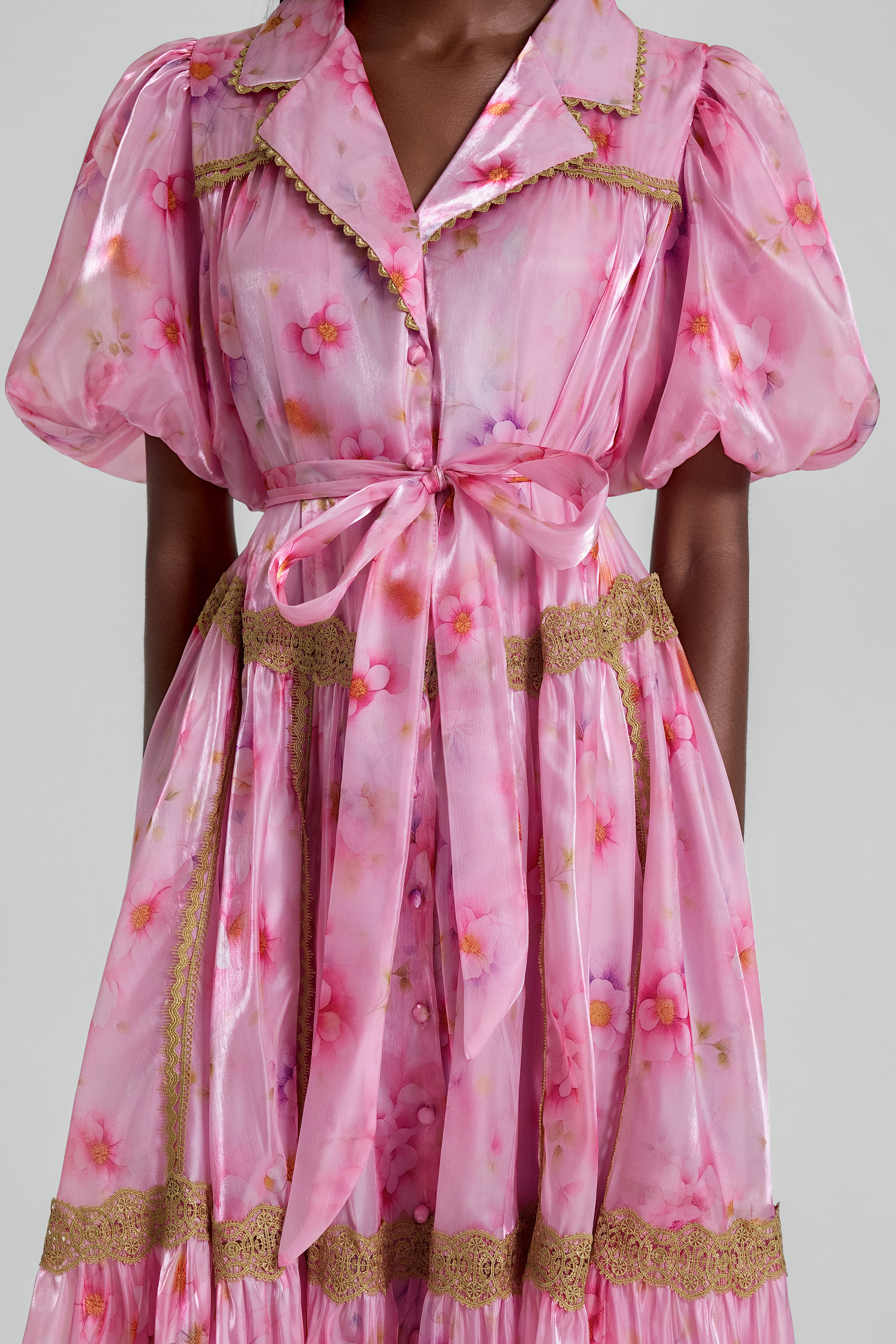 Floral Puff Sleeve Lace Trim Midi Dress With Belt