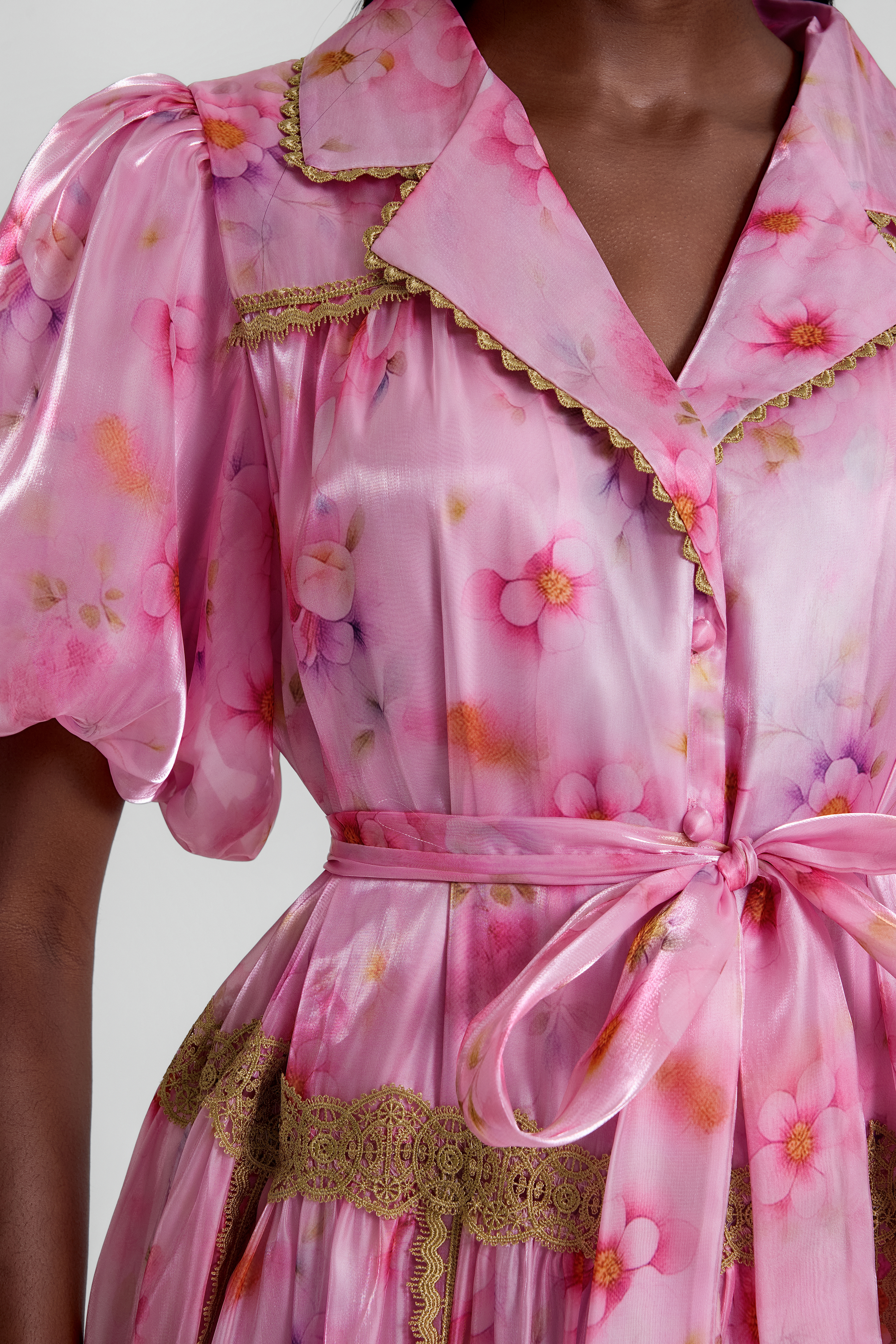Floral Puff Sleeve Lace Trim Midi Dress With Belt
