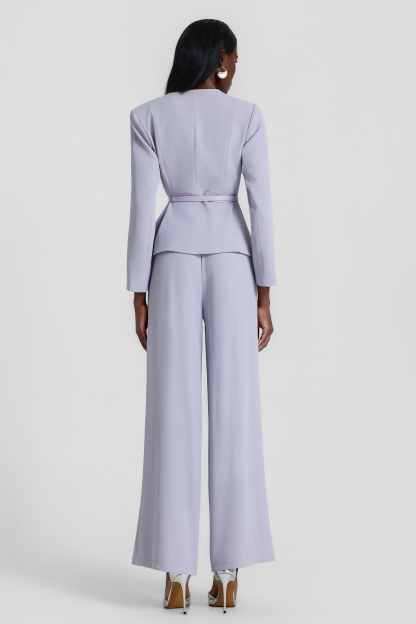 V-Neck Blazer With Belt & High Waist Pants Set