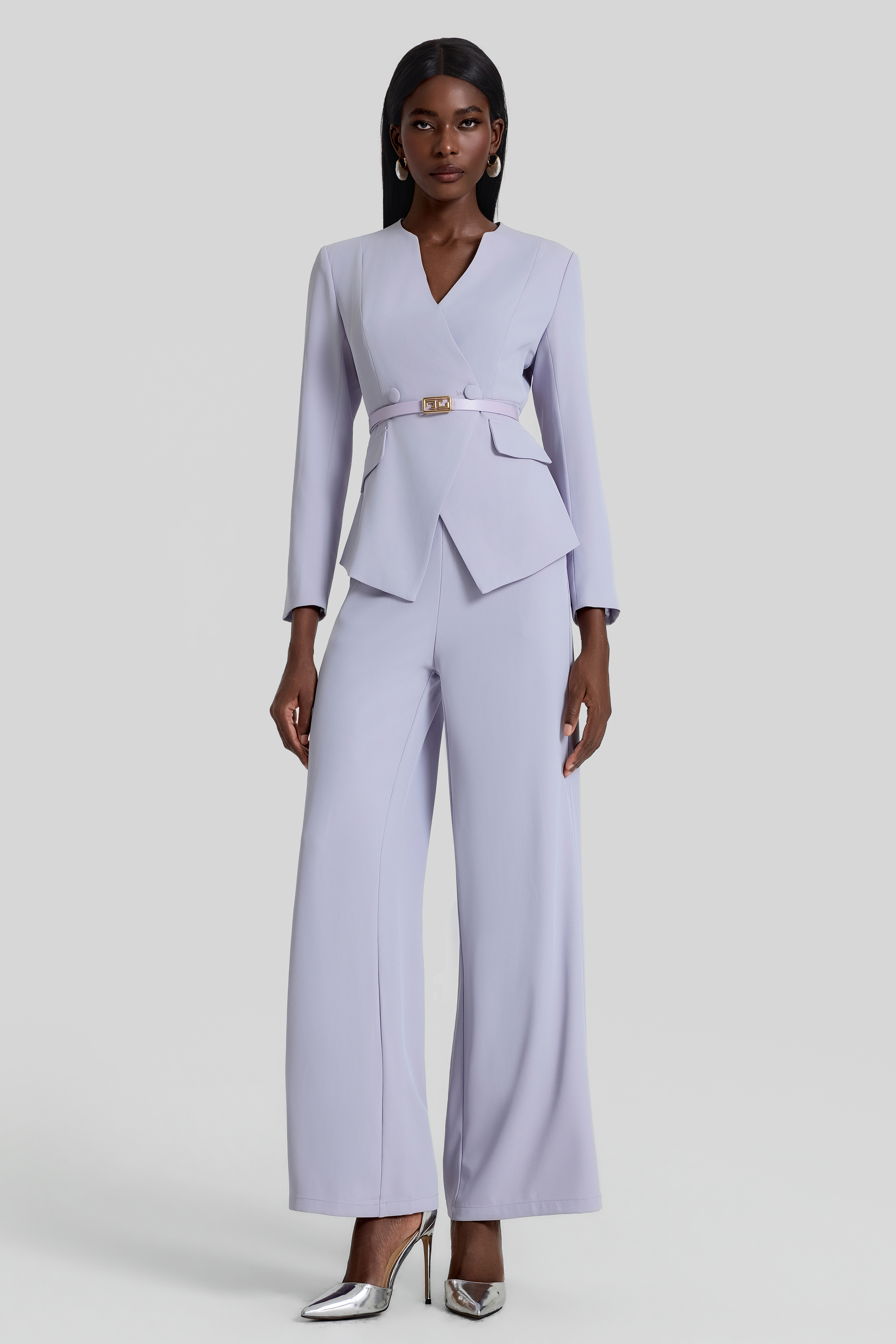 V-Neck Blazer With Belt & High Waist Pants Set