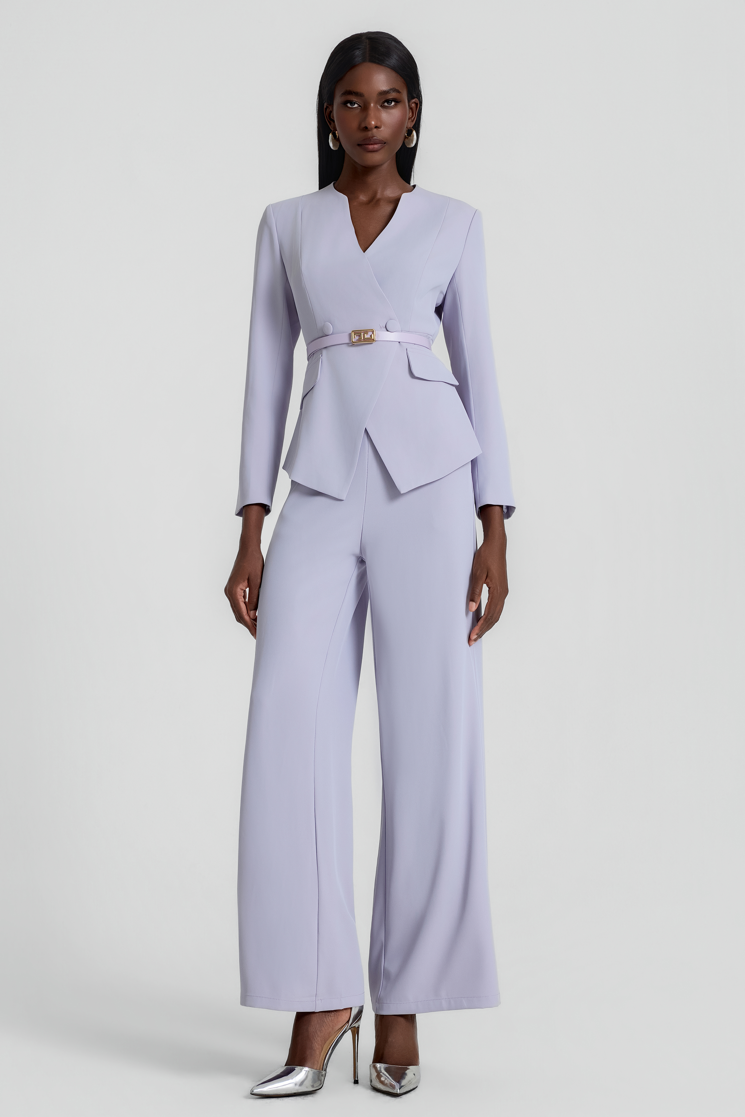 V-Neck Blazer With Belt & High Waist Pants Set