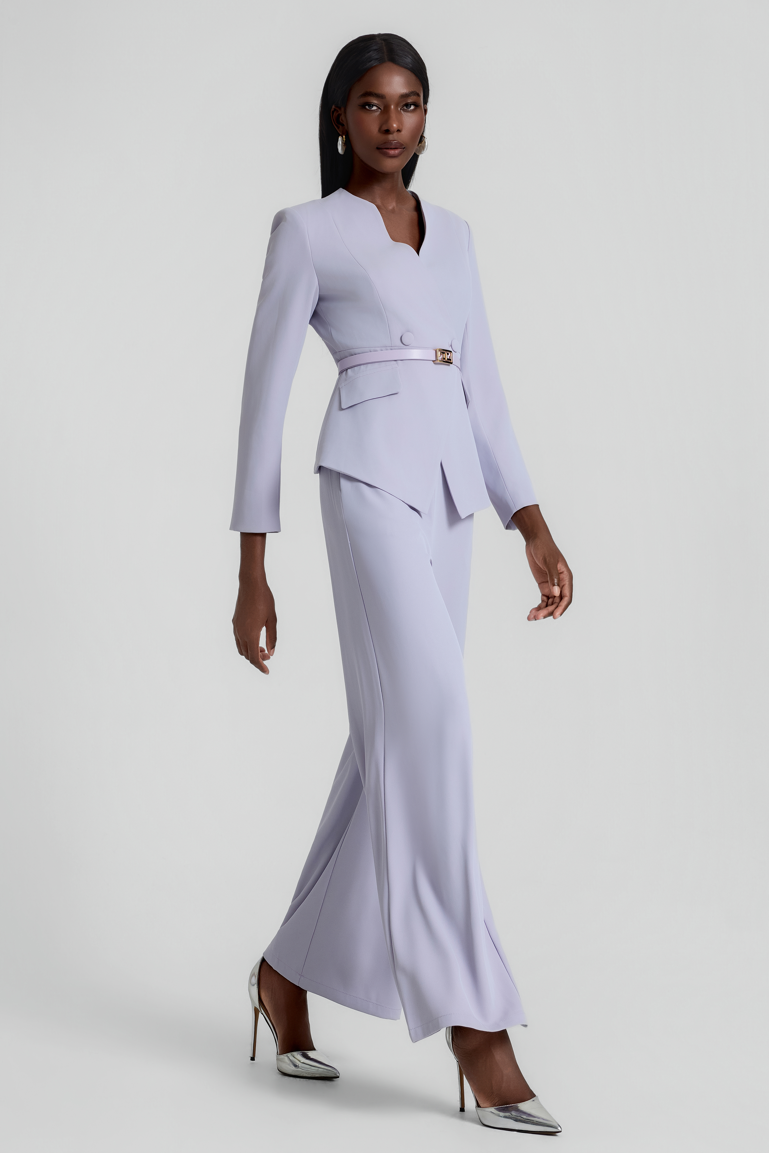 V-Neck Blazer With Belt & High Waist Pants Set