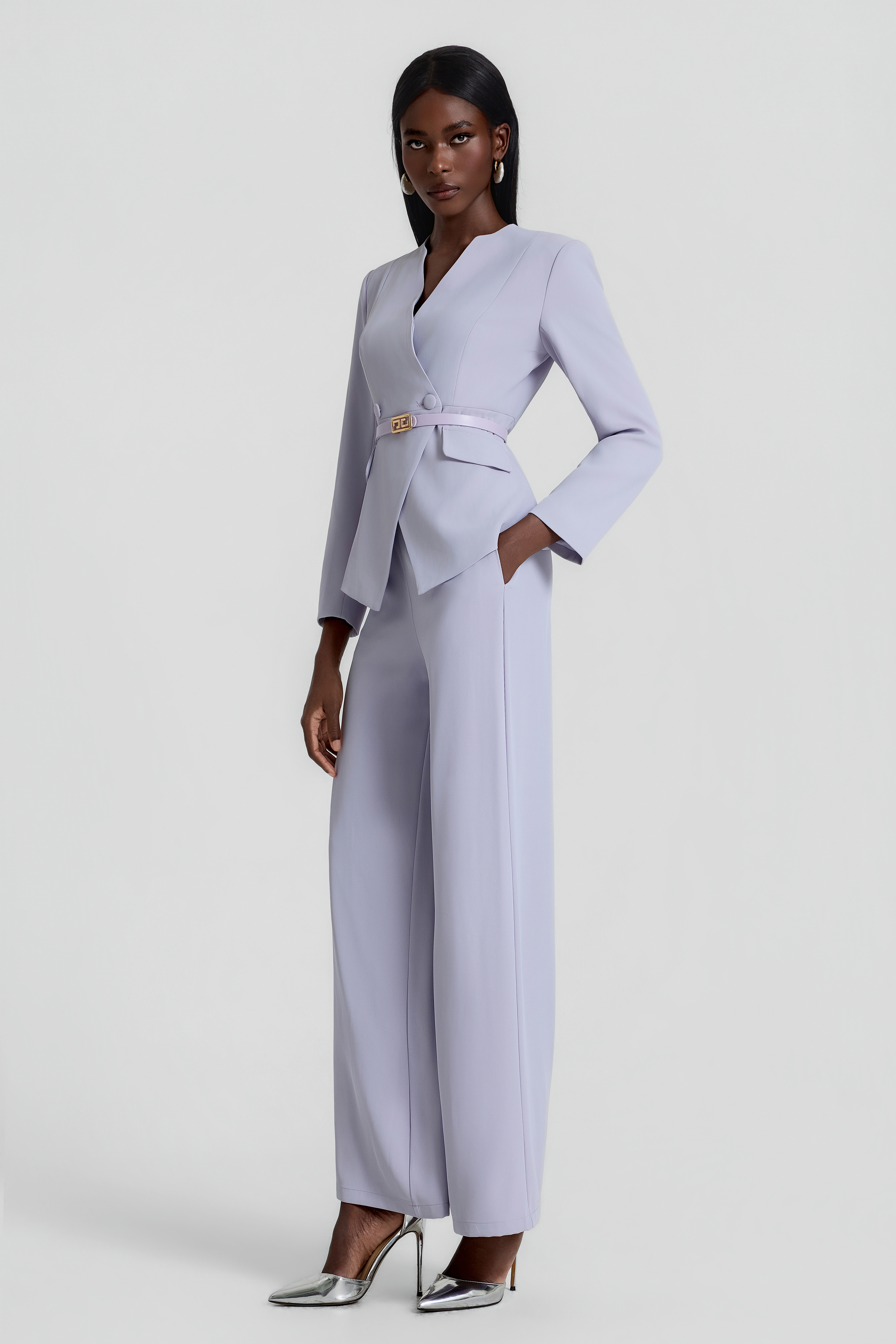 V-Neck Blazer With Belt & High Waist Pants Set