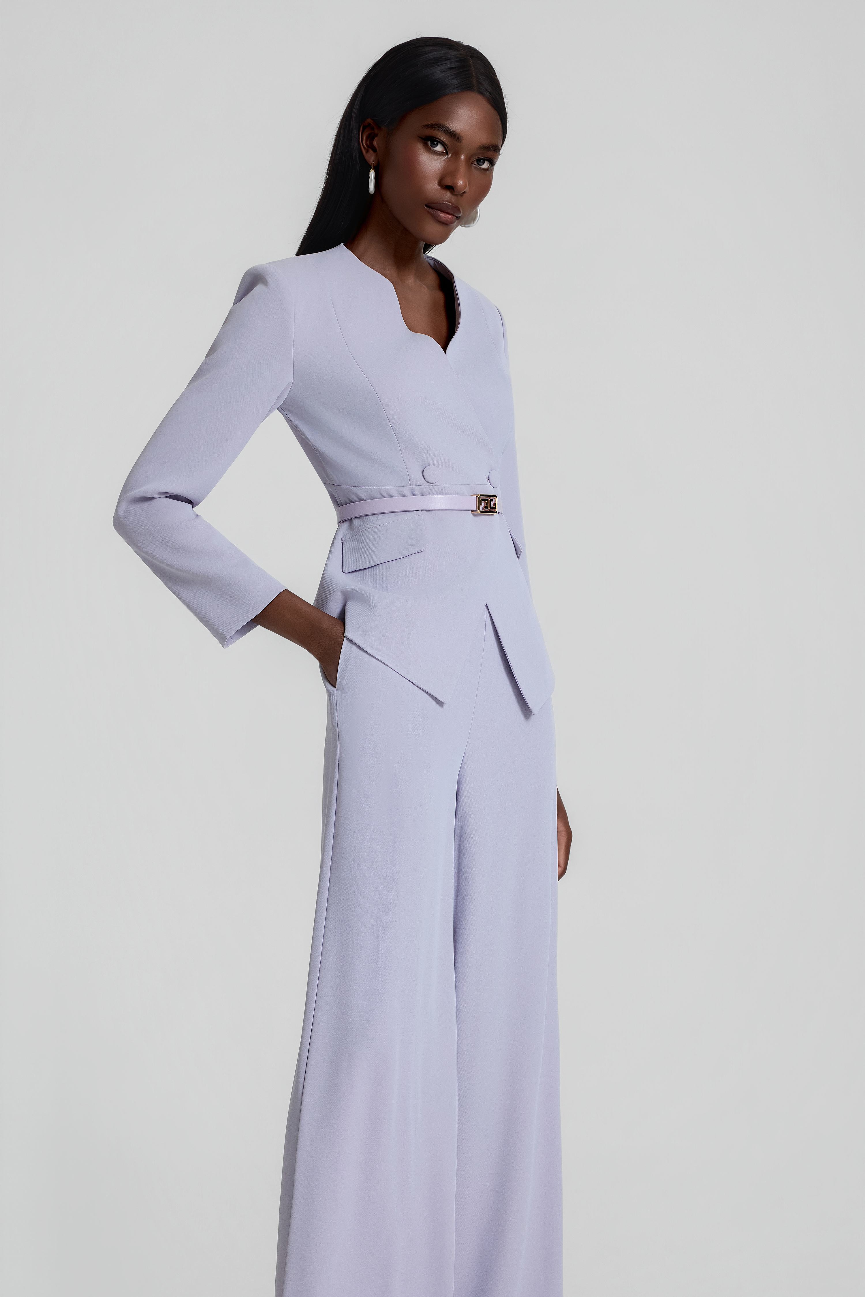 V-Neck Blazer With Belt & High Waist Pants Set