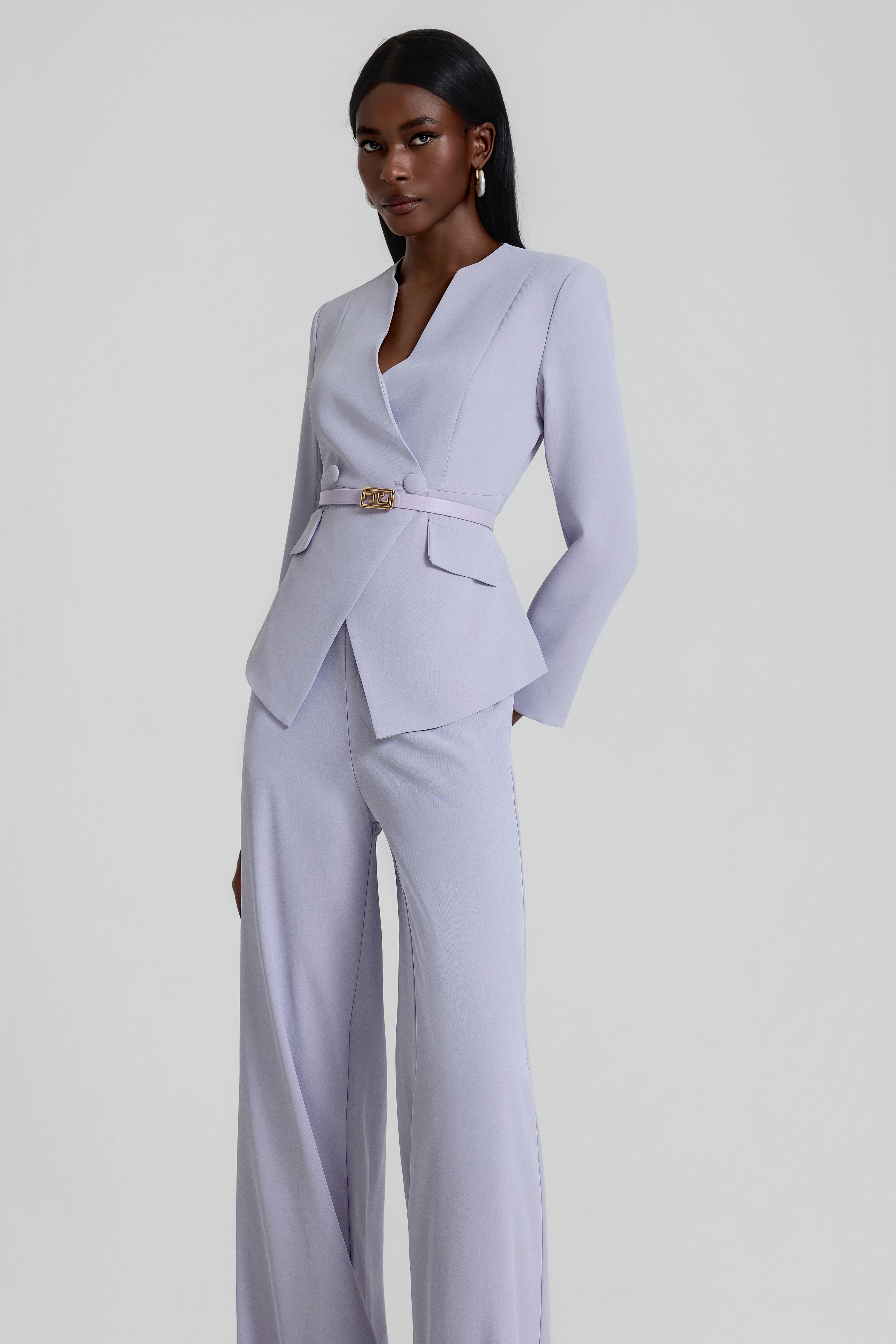 V-Neck Blazer With Belt & High Waist Pants Set