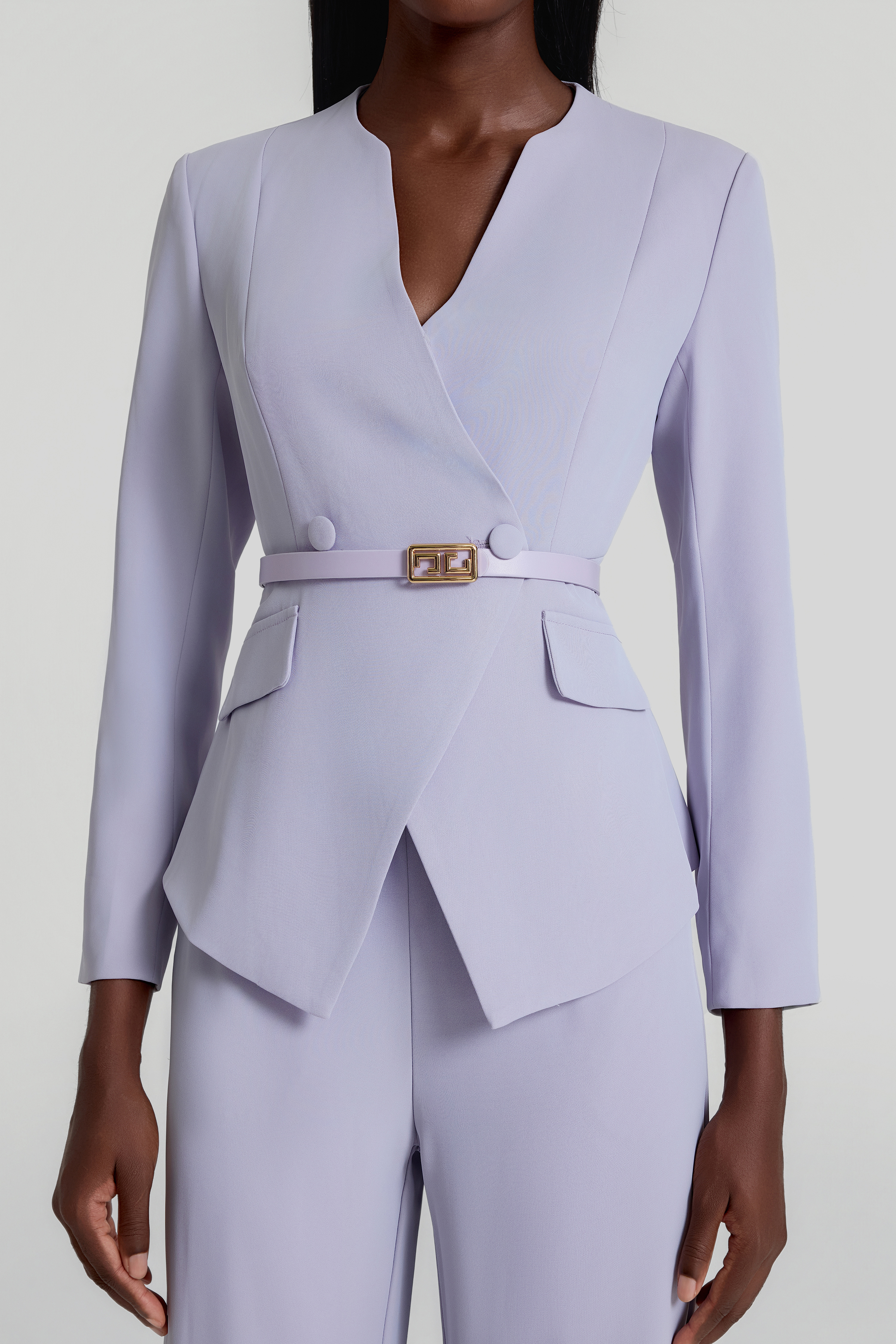 V-Neck Blazer With Belt & High Waist Pants Set