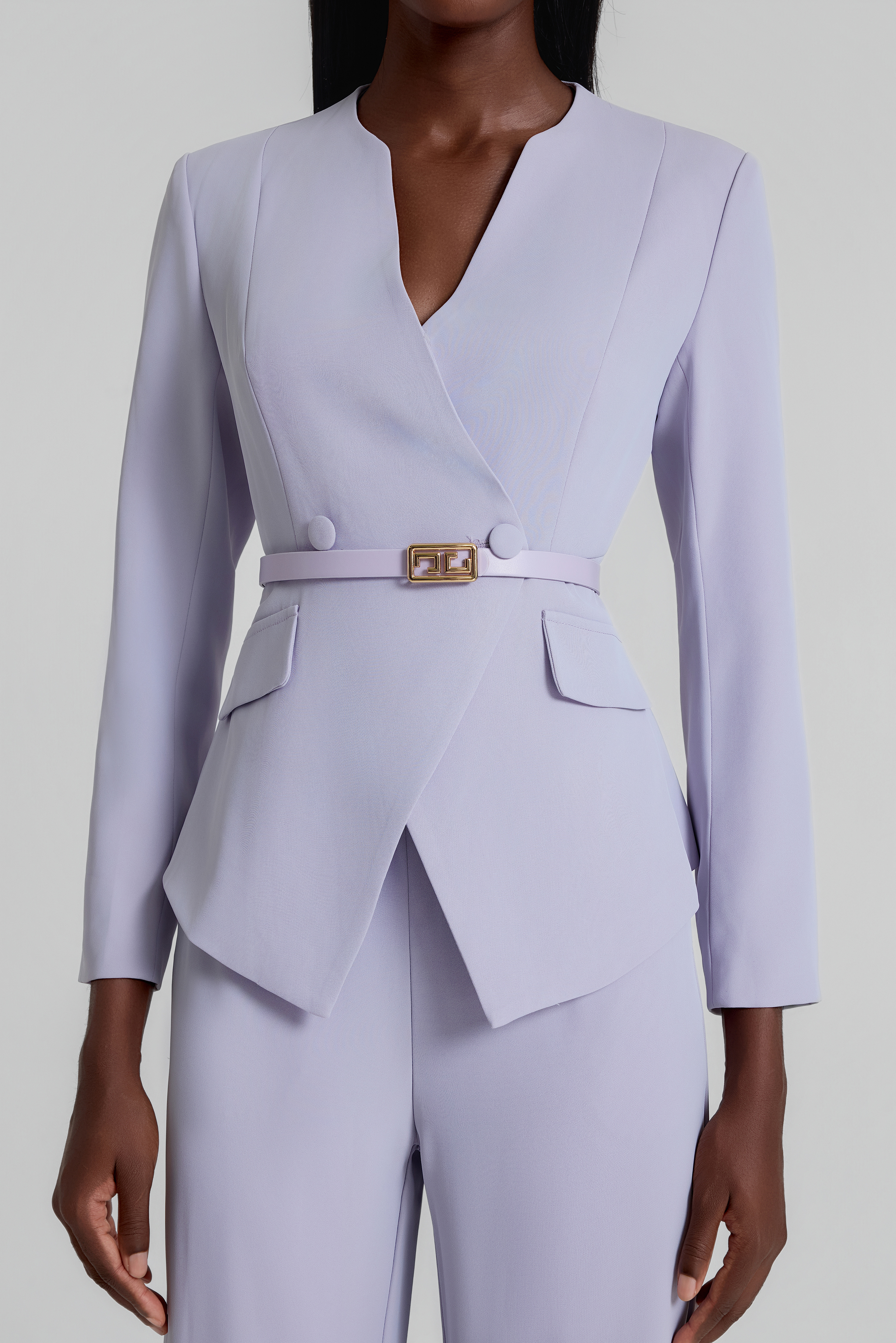 V-Neck Blazer With Belt & High Waist Pants Set