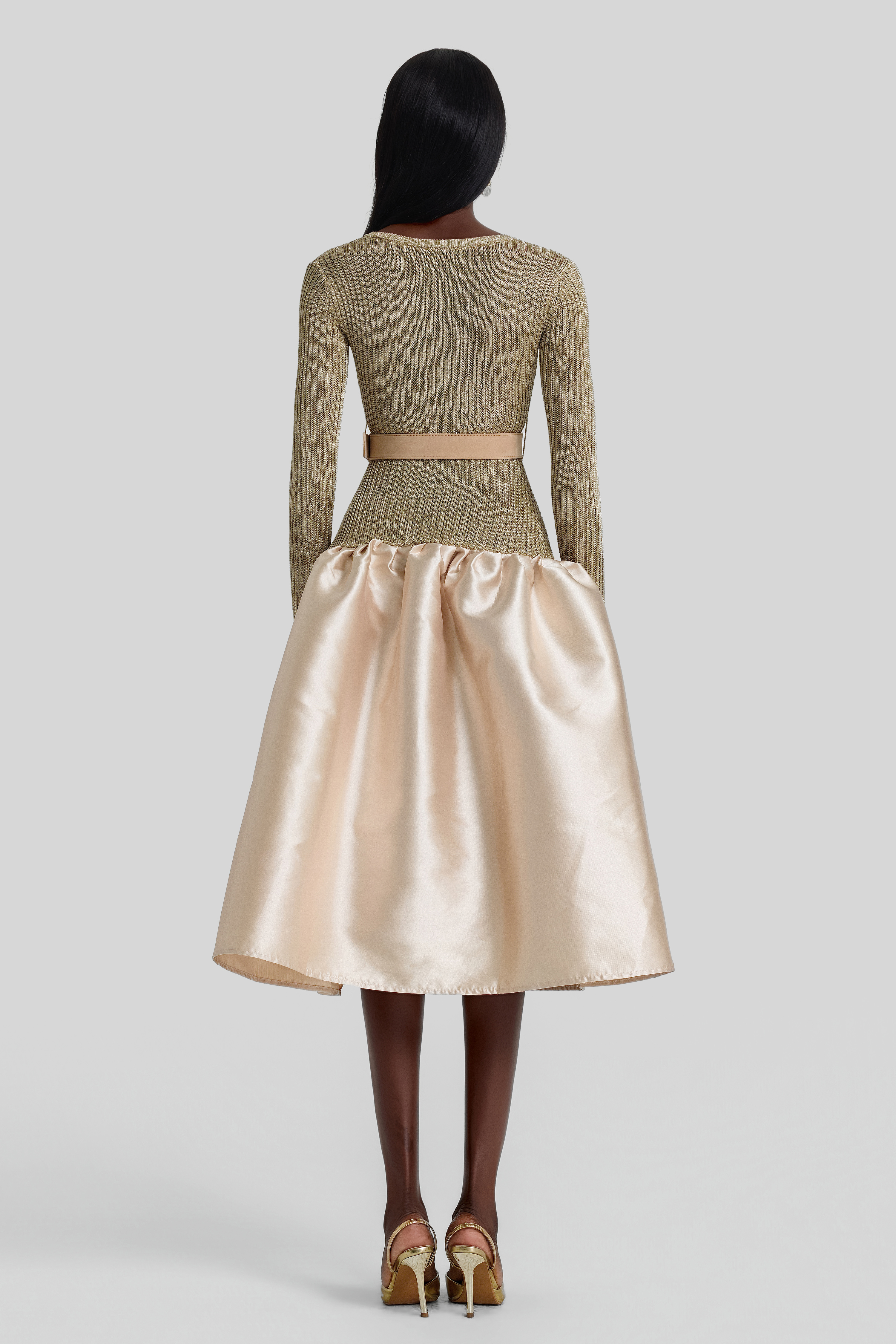 Knit Splicing Satin Midi Dress With Belt