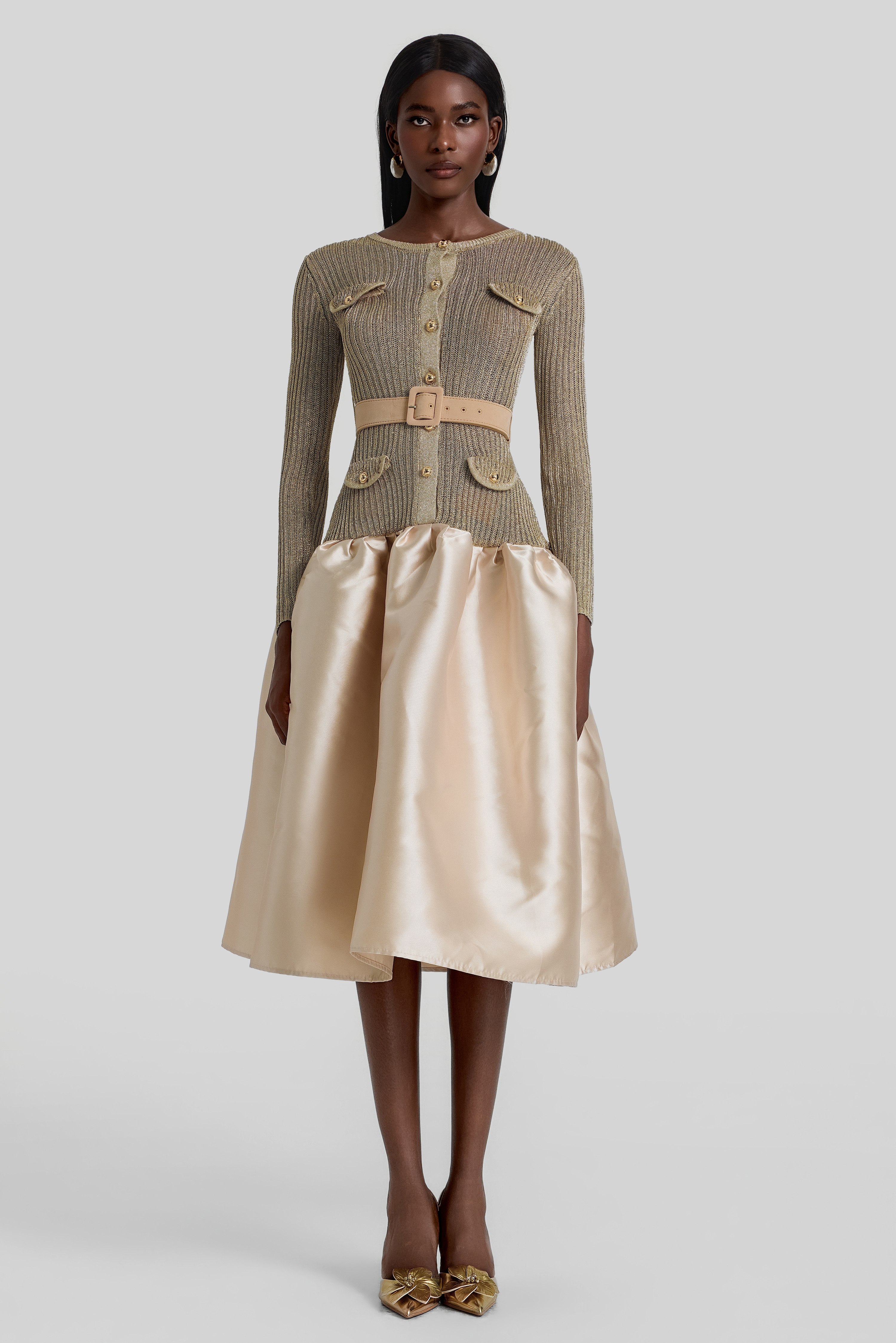 Knit Splicing Satin Midi Dress With Belt