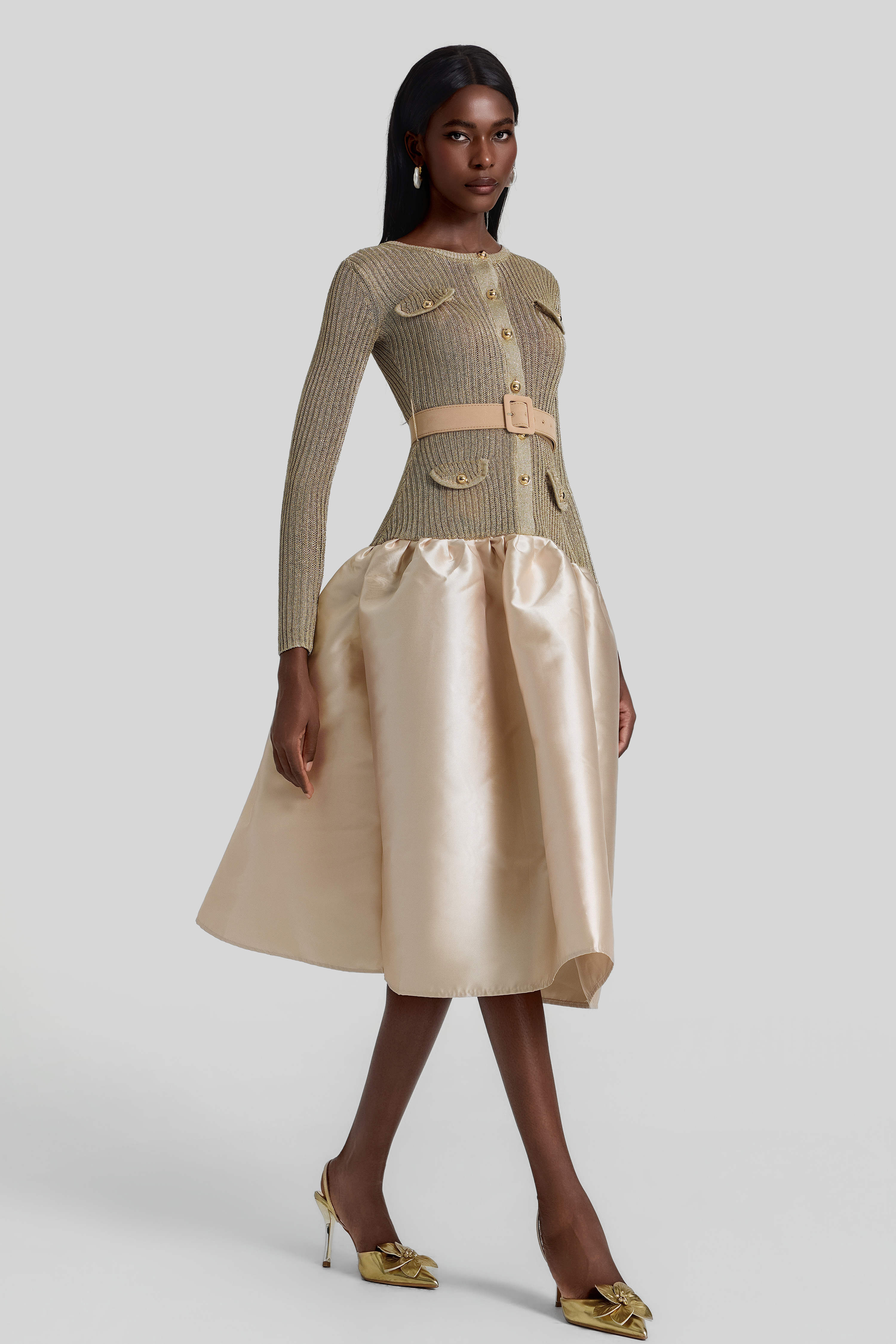 Knit Splicing Satin Midi Dress With Belt