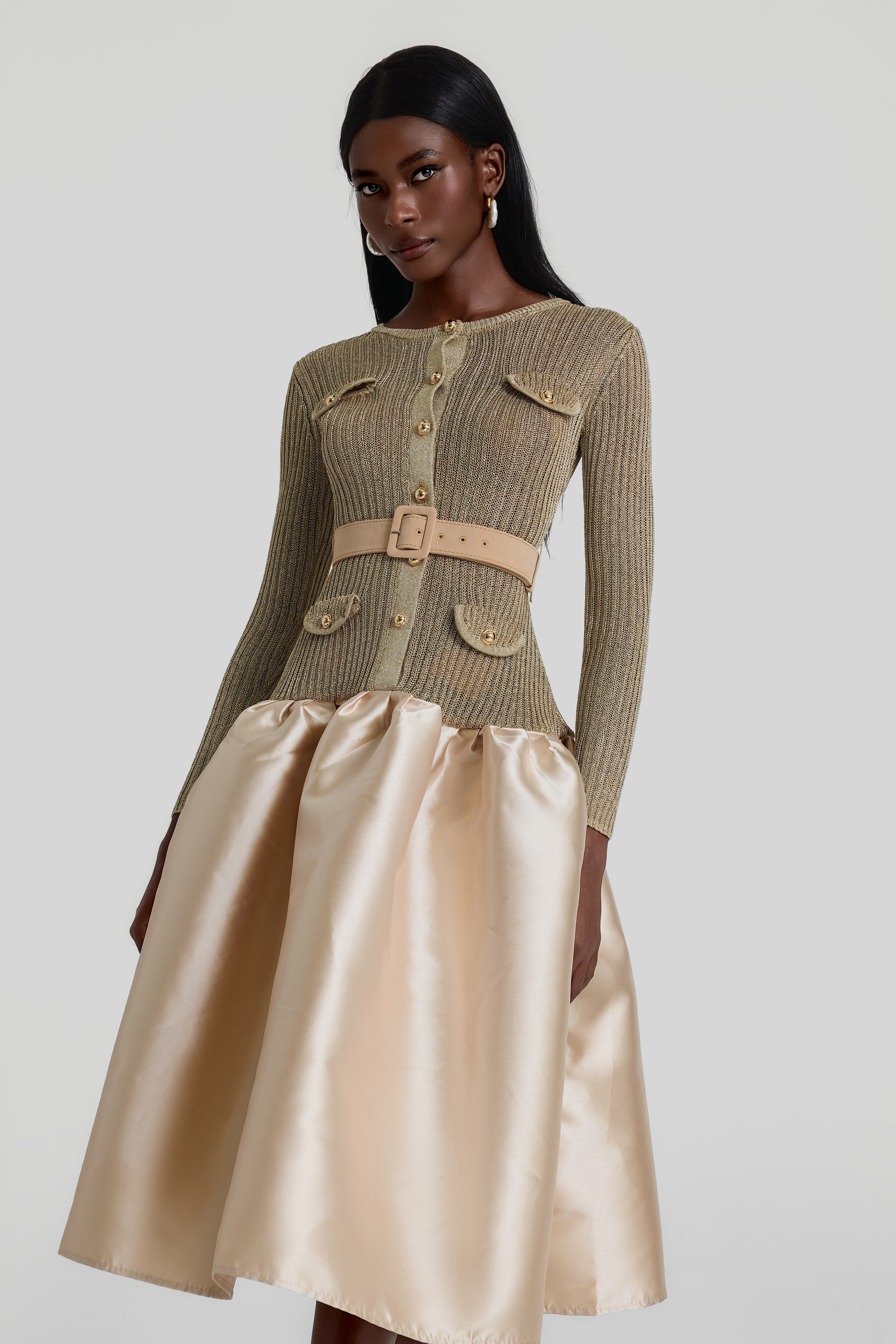 Knit Splicing Satin Midi Dress With Belt