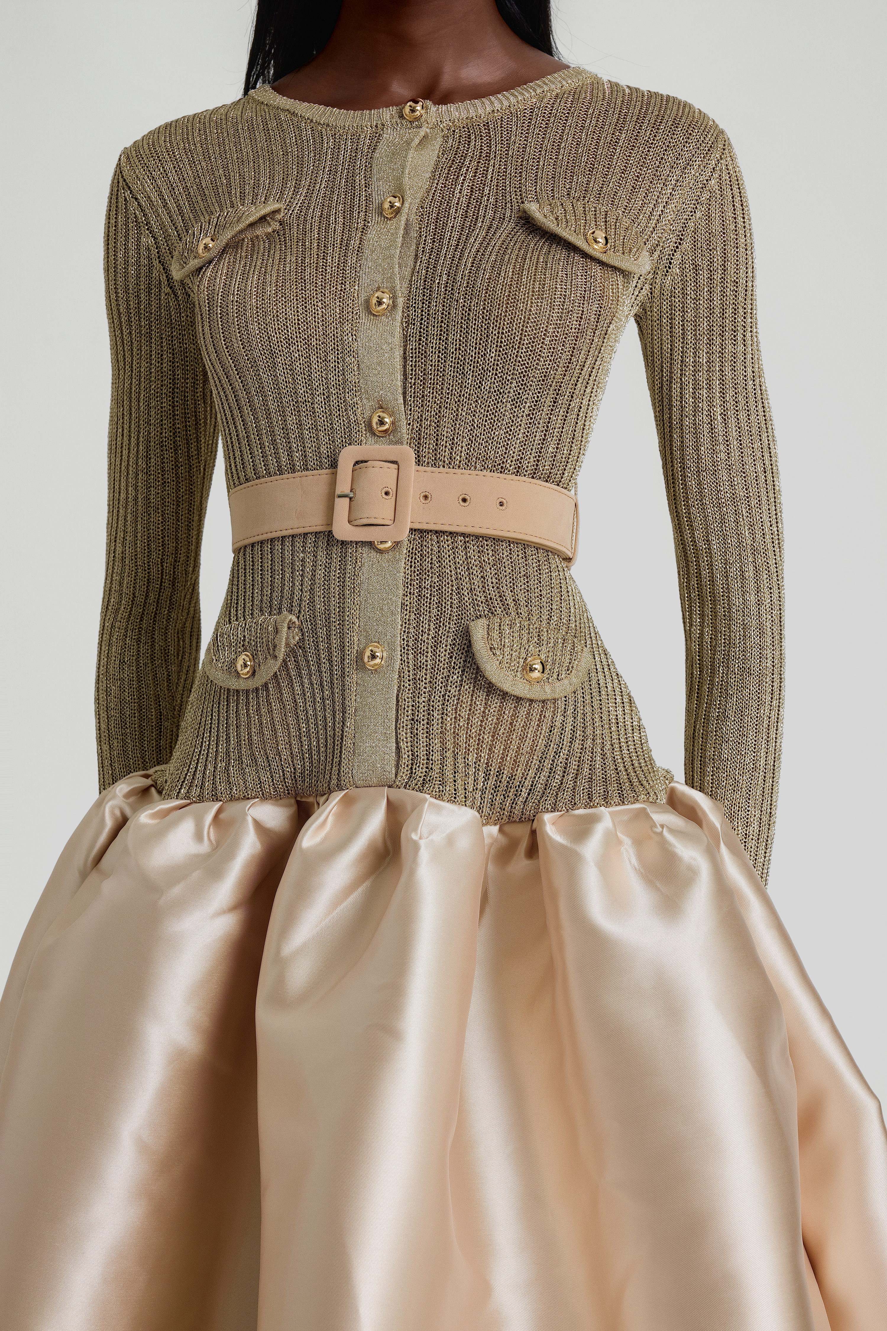 Knit Splicing Satin Midi Dress With Belt