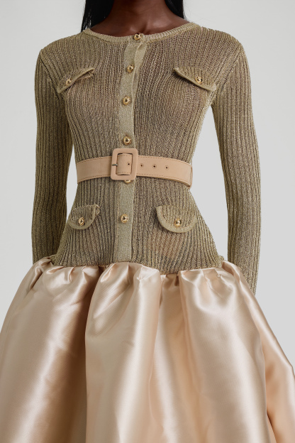 Knit Splicing Satin Midi Dress With Belt