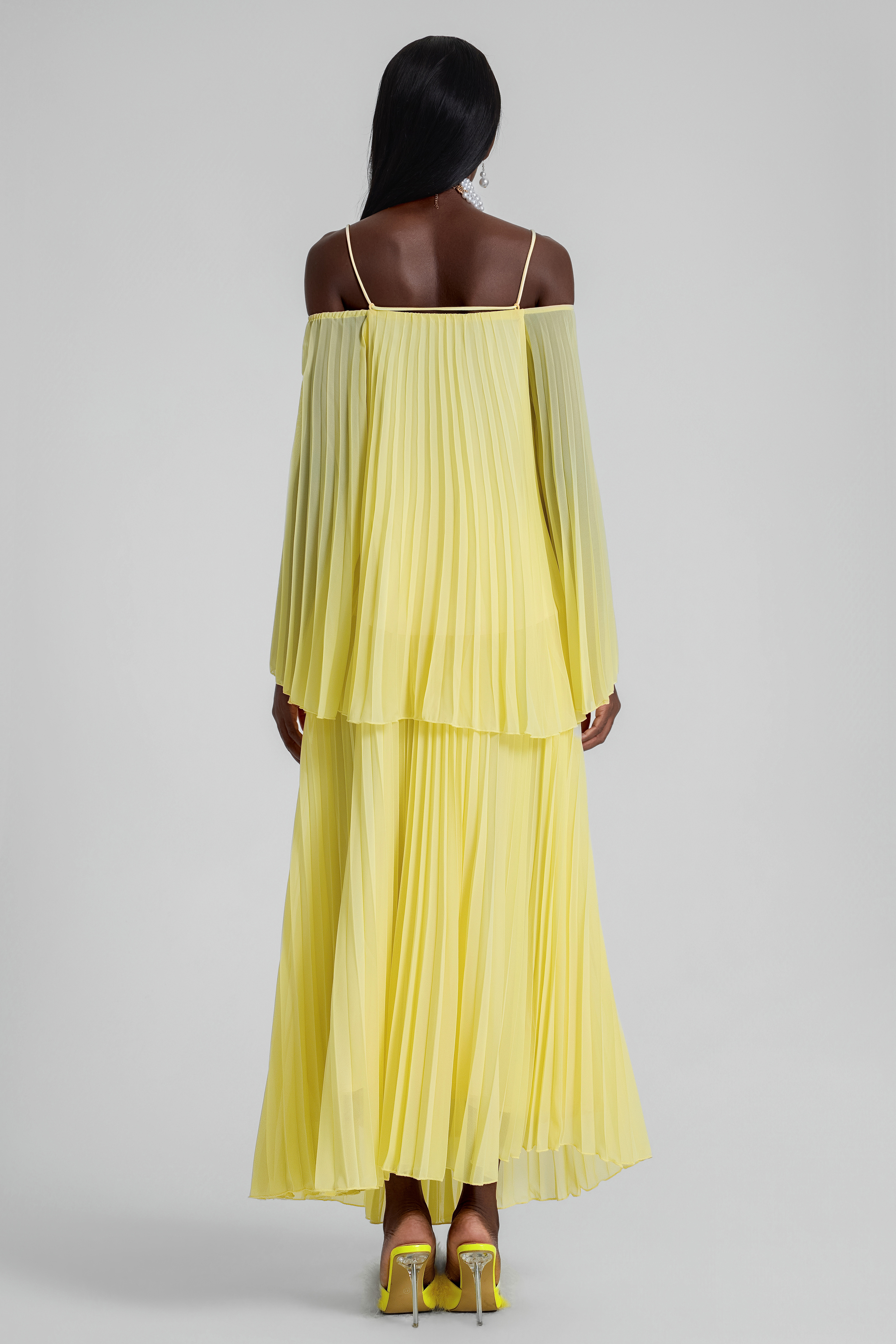 Off Shoulder Pleated Top & High Waist Midi Skirt Set