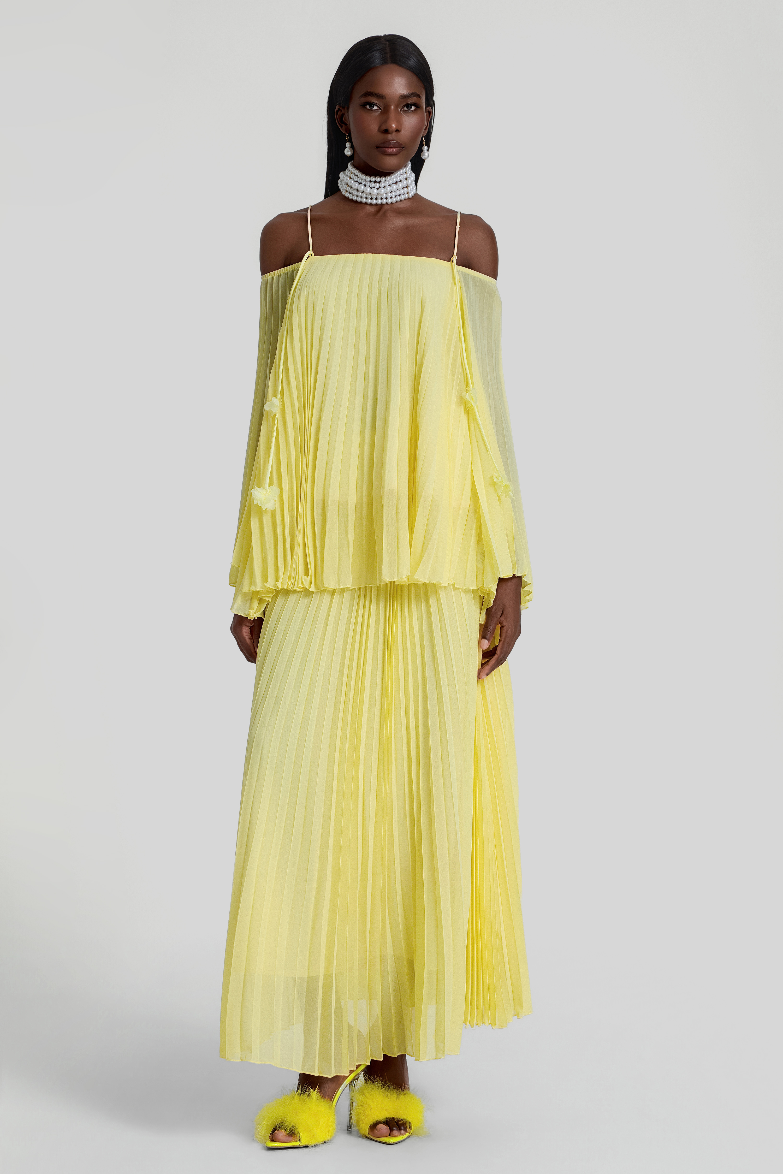 Off Shoulder Pleated Top & High Waist Midi Skirt Set