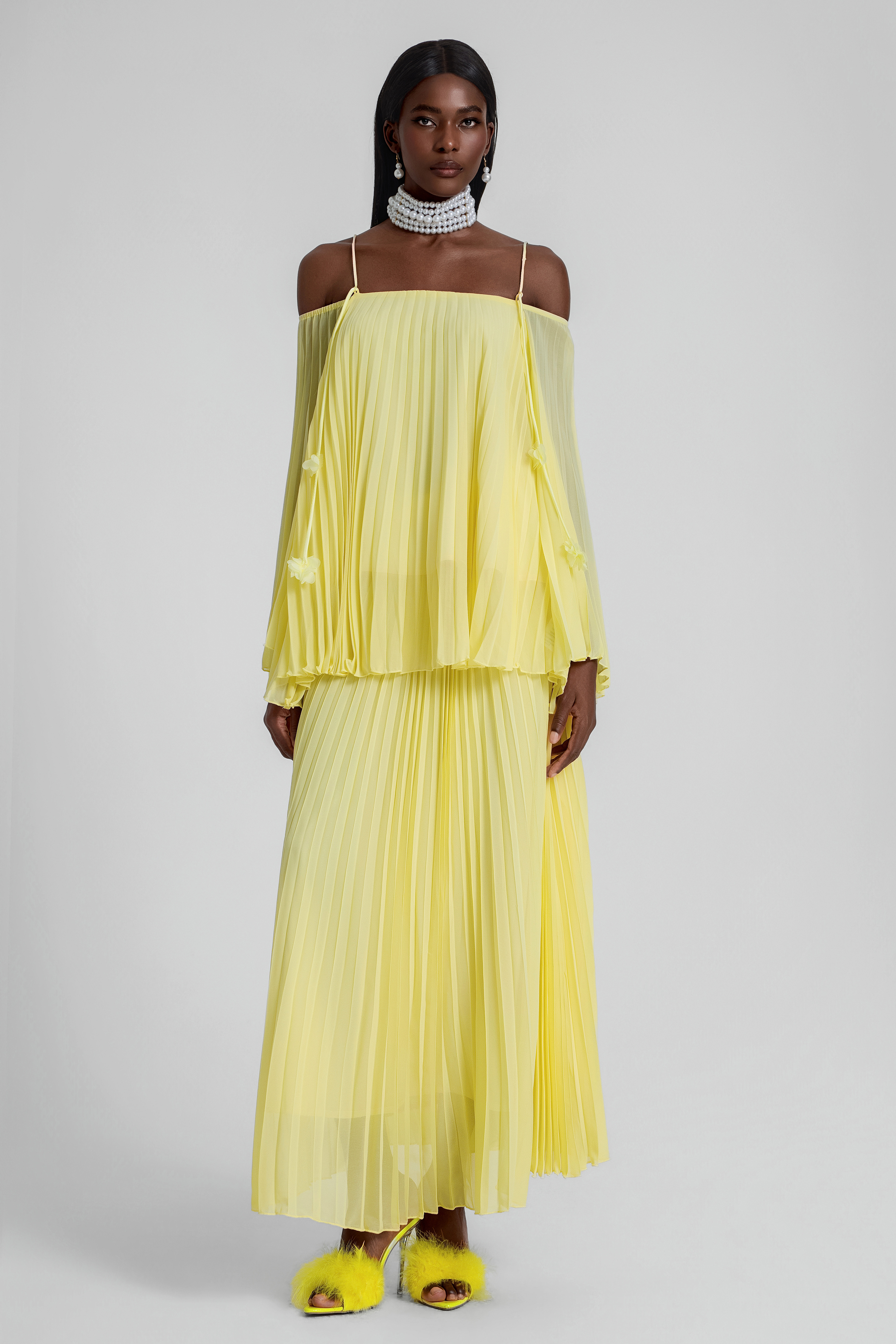 Off Shoulder Pleated Top & High Waist Midi Skirt Set