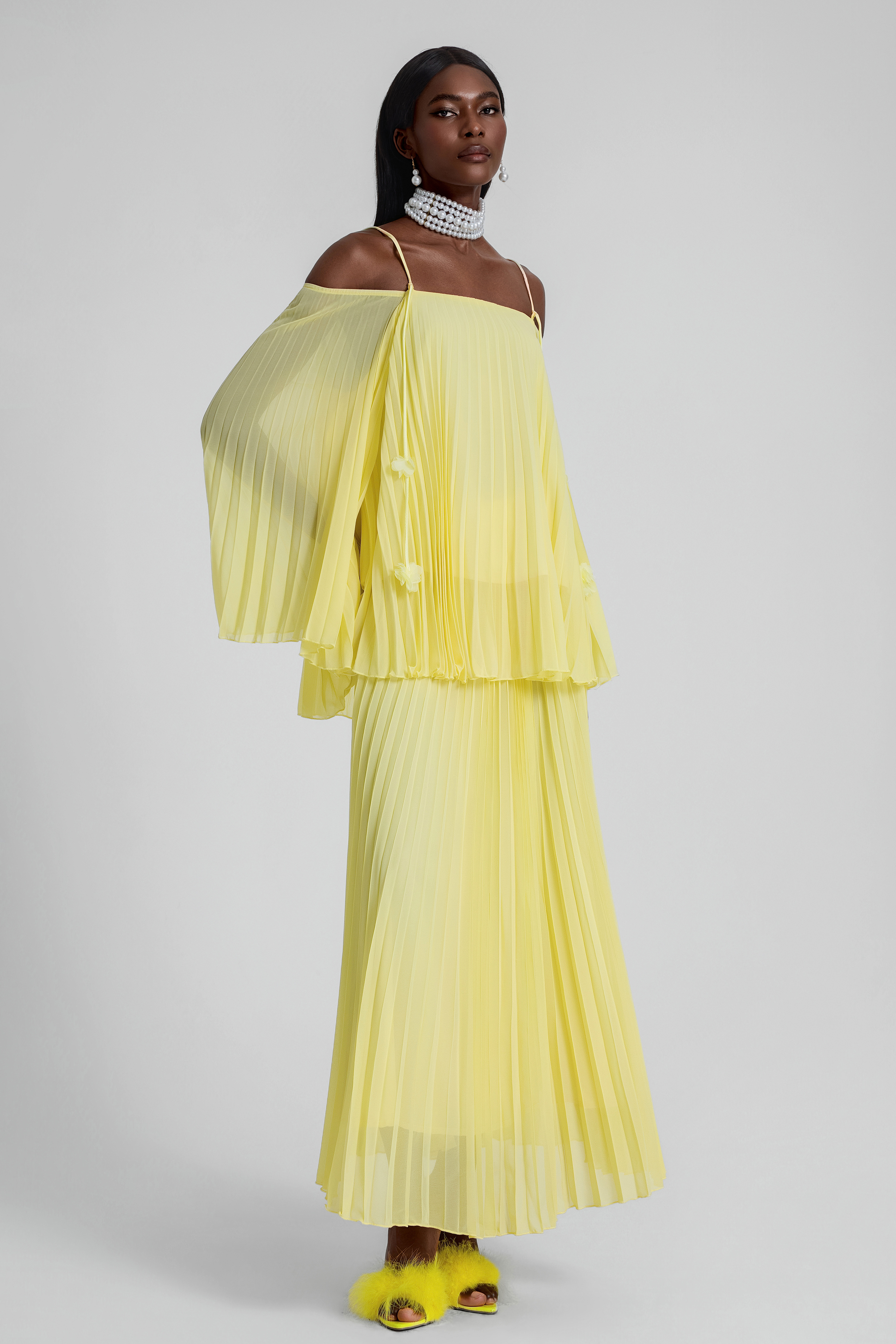Off Shoulder Pleated Top & High Waist Midi Skirt Set