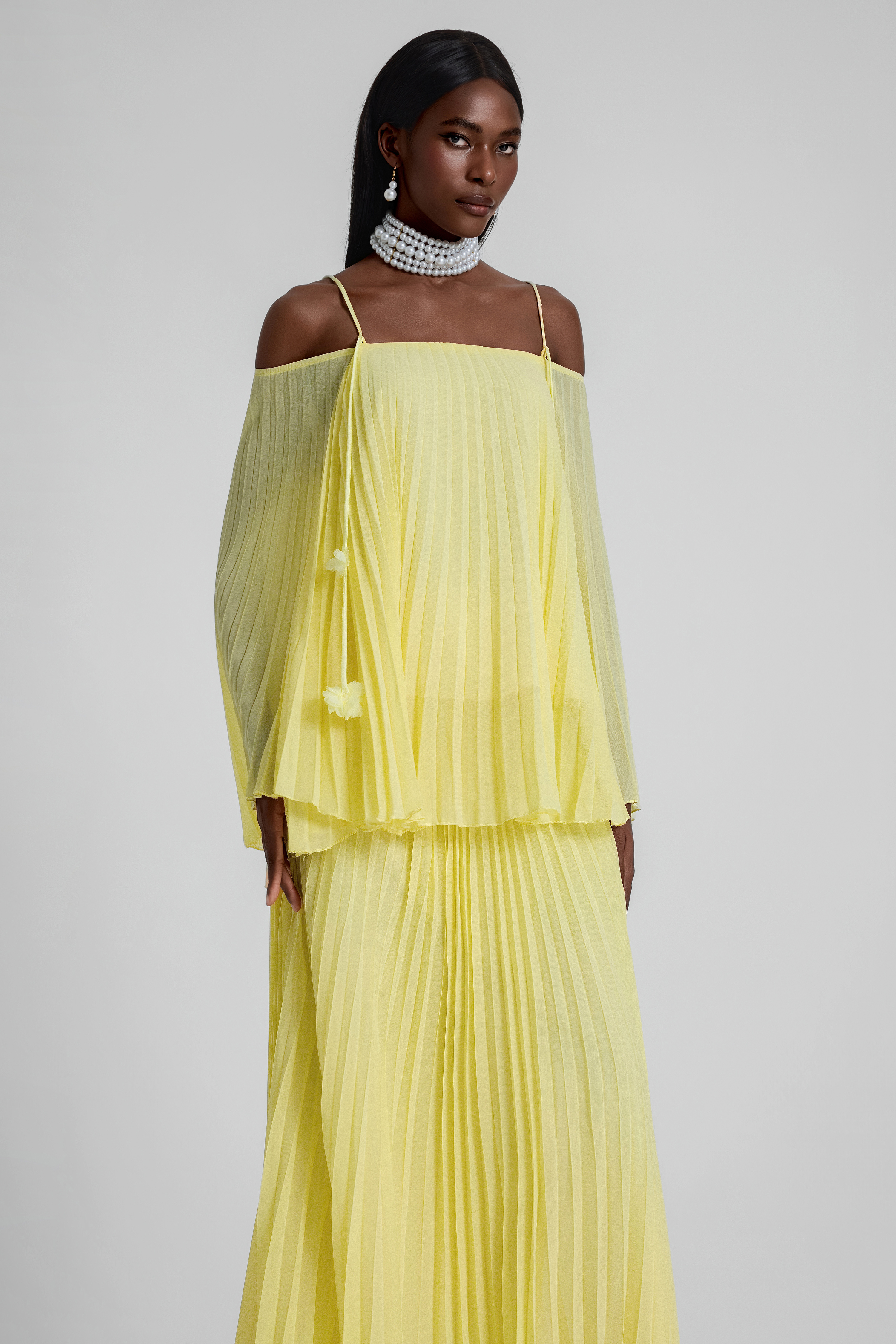 Off Shoulder Pleated Top & High Waist Midi Skirt Set