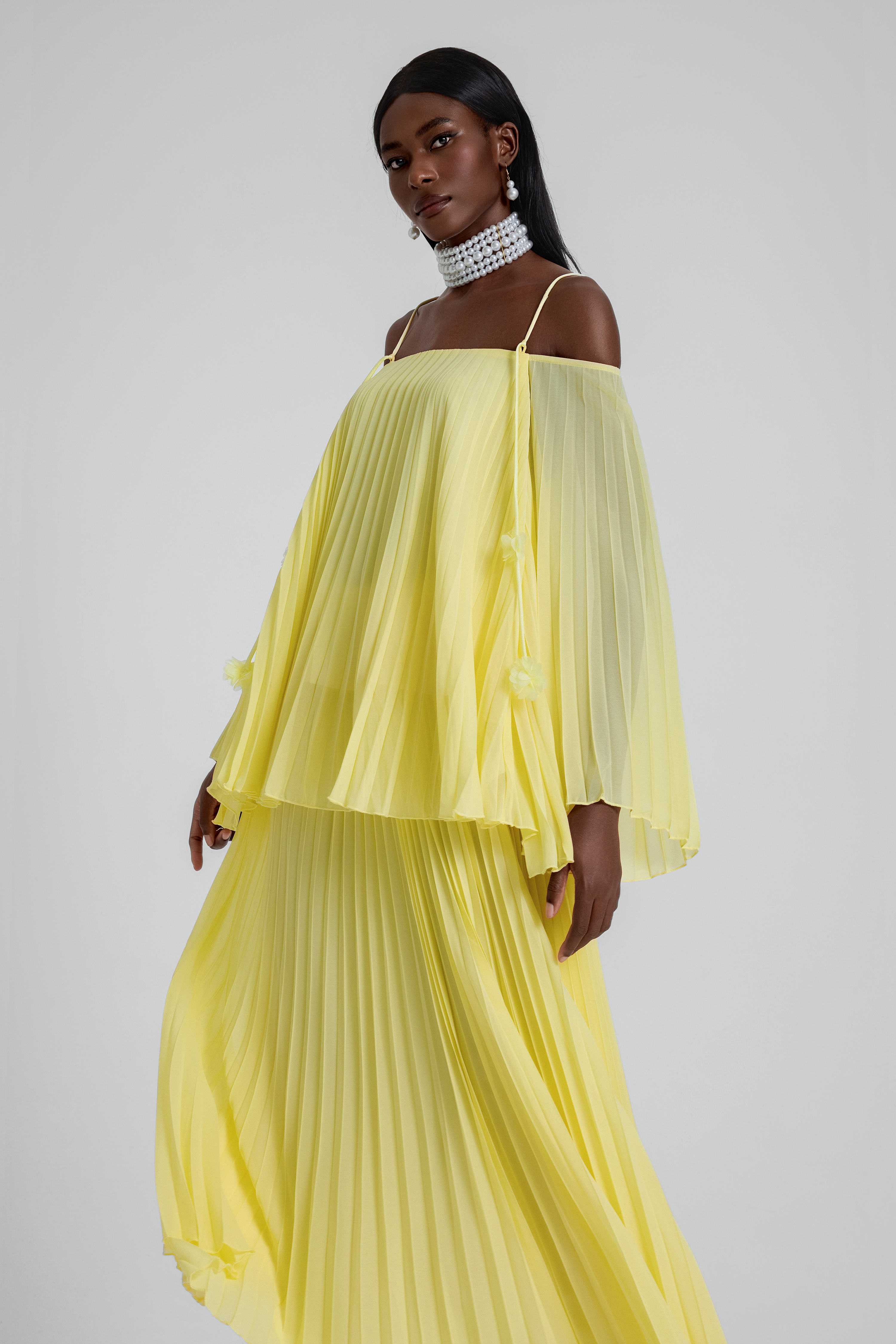 Off Shoulder Pleated Top & High Waist Midi Skirt Set