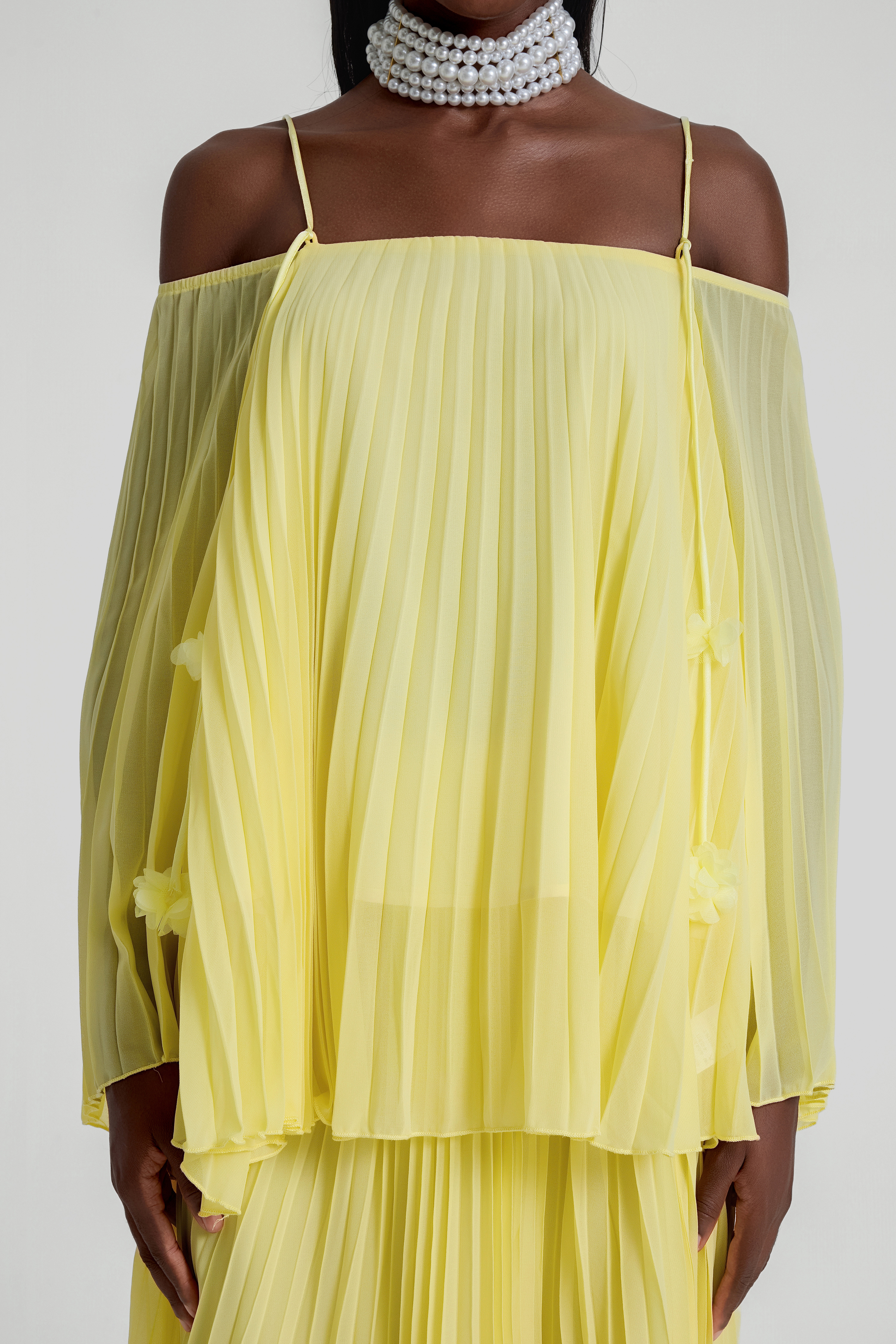 Off Shoulder Pleated Top & High Waist Midi Skirt Set