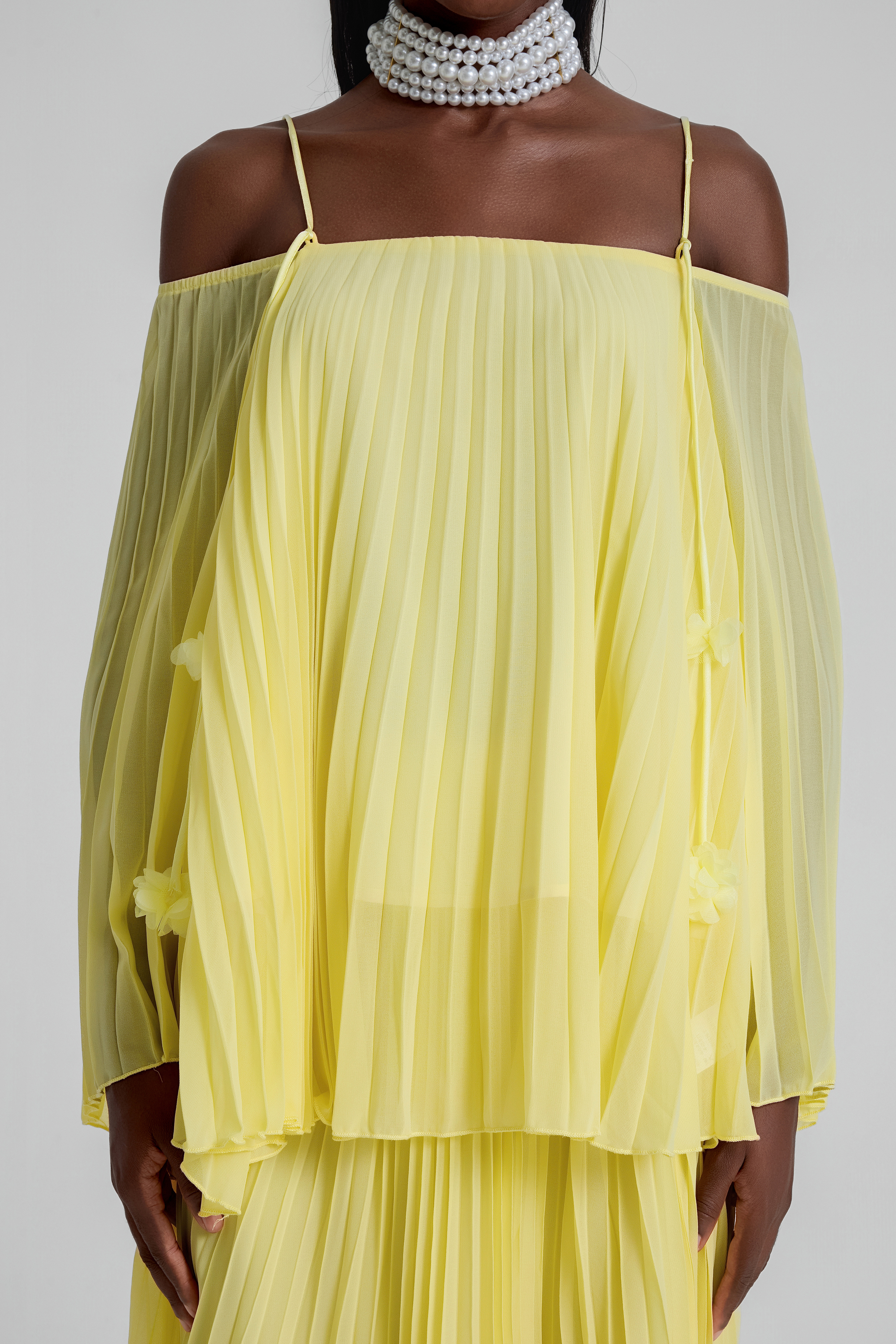 Off Shoulder Pleated Top & High Waist Midi Skirt Set