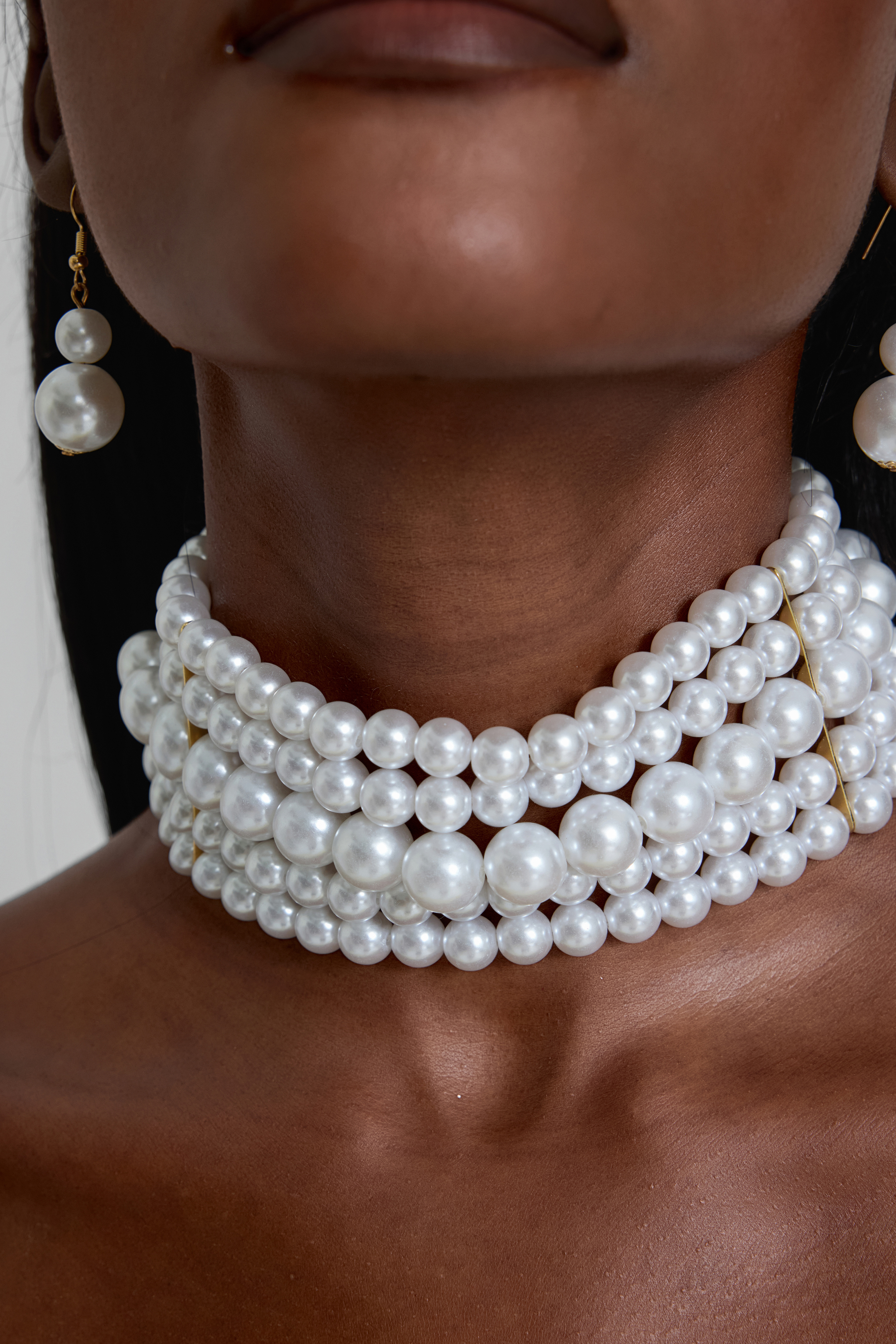 Faux Pearl Multi-Layered Necklace & Drop Earrings Set