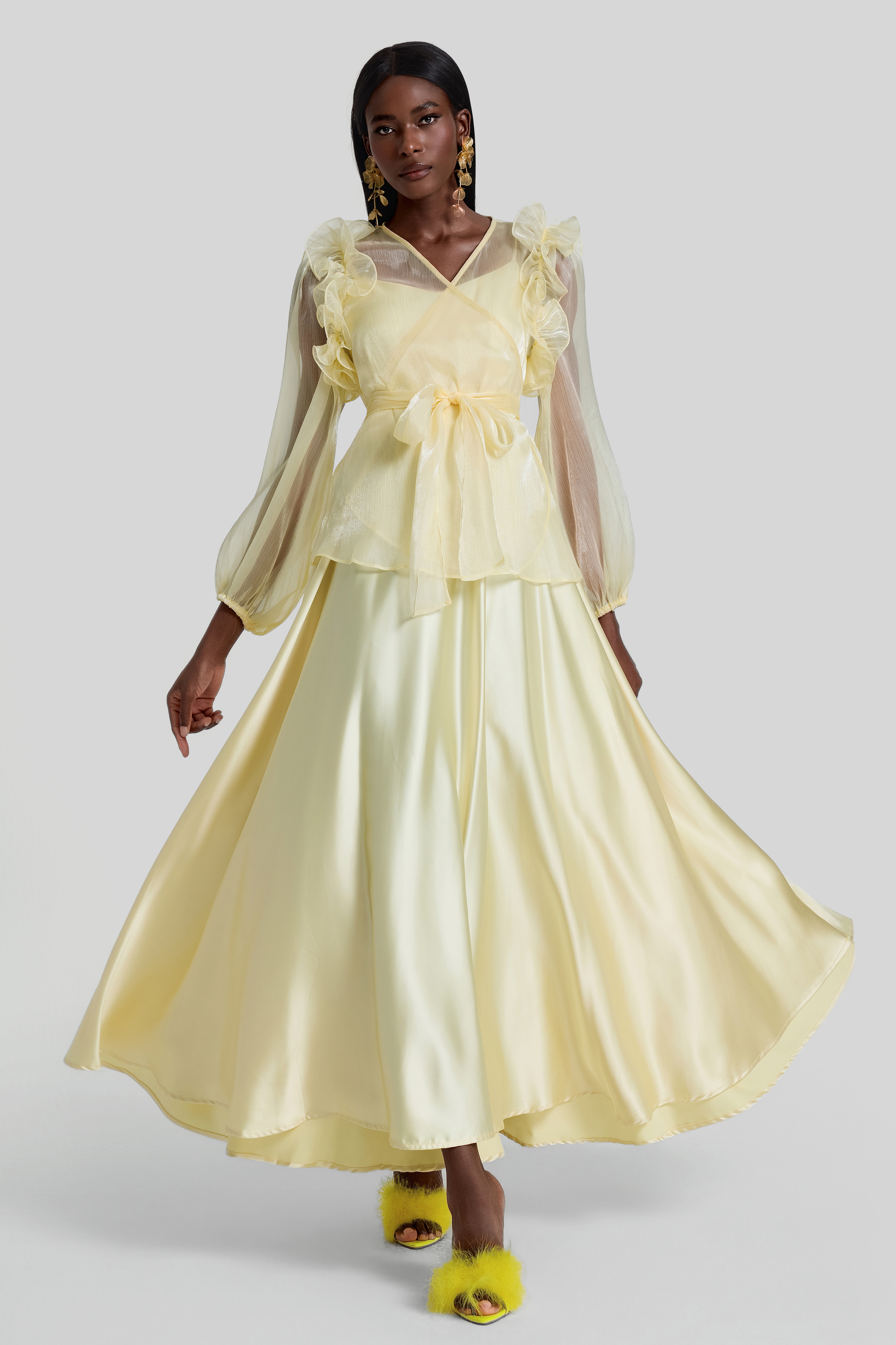 V-Neck Ruffle Lace-Up Midi Dress