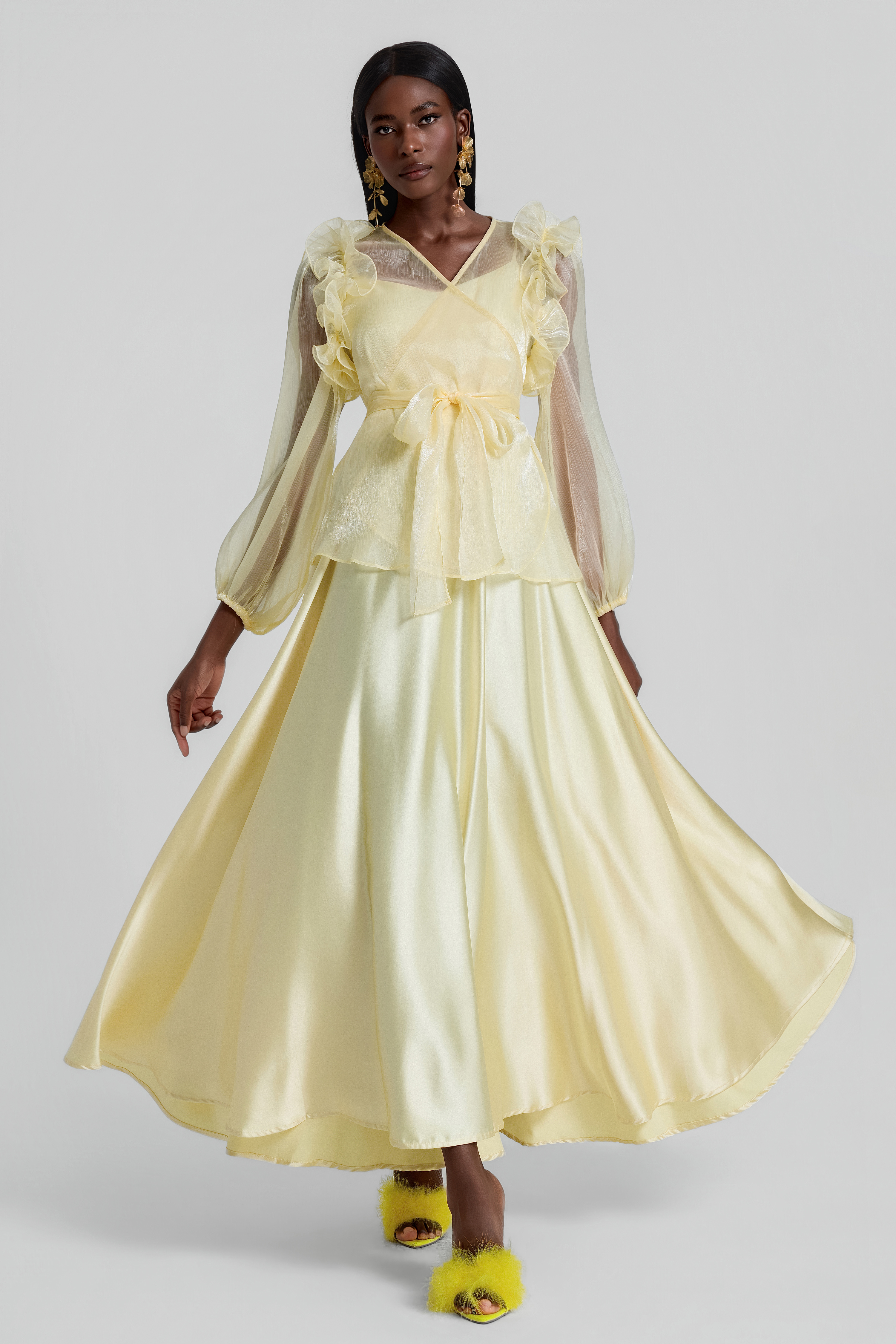 V-Neck Ruffle Lace-Up Midi Dress
